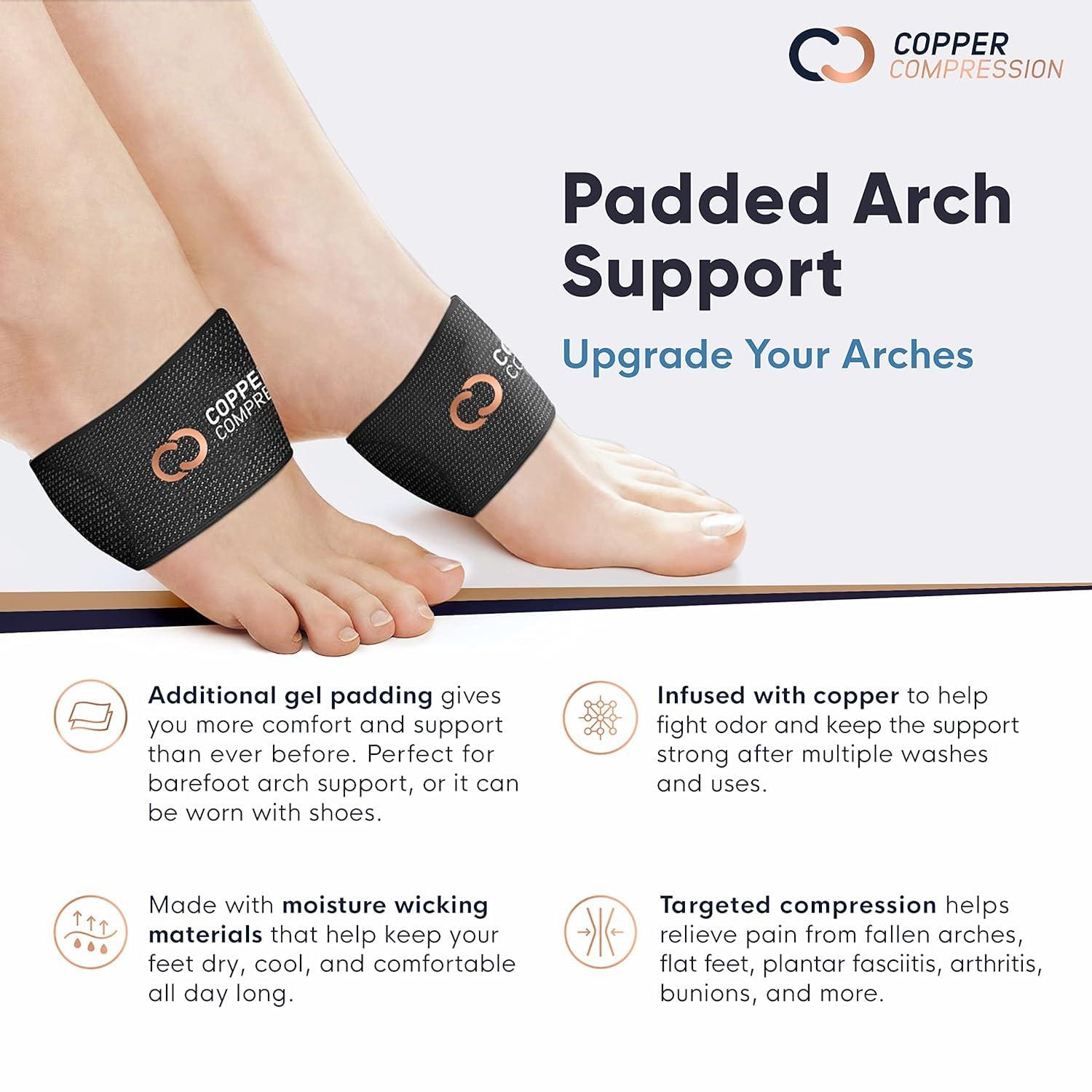 Copper Compression Copper Compression Padded Arch Support - 2 Padded Plantar Fasciitis Sleeves. Guaranteed Highest Copper Arch Supports with Pad. Planter Fasciitis Support Braces for Foot Care, Feet Pain, Flat Arches