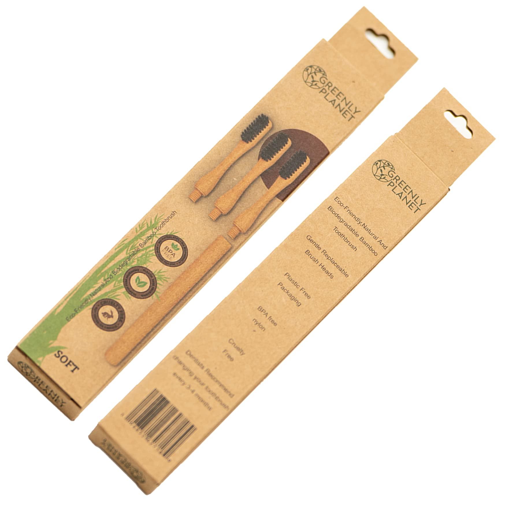 greenlyplanet greenlyplanet Bamboo Toothbrush Handle with 3 Replaceable Heads - BPA Free & Cruelty-Free Soft Bristles - Eco-Friendly Removable Toothbrush Set - Biodegradable & Compostable Wooden Toothbrushes