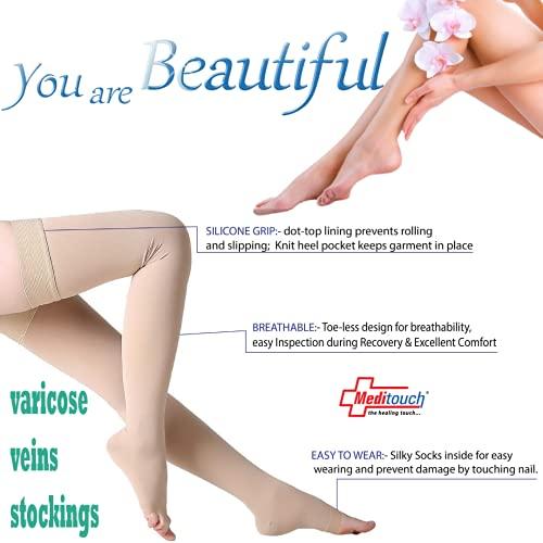 Meditouch MediTouch™ Varicose veins Stockings for Women Men- Optimum Compression Stocks Improve Circulation Recommended by Dr. for Pain relief -Open Toe- Pair (THIGH LENGTH, Small)