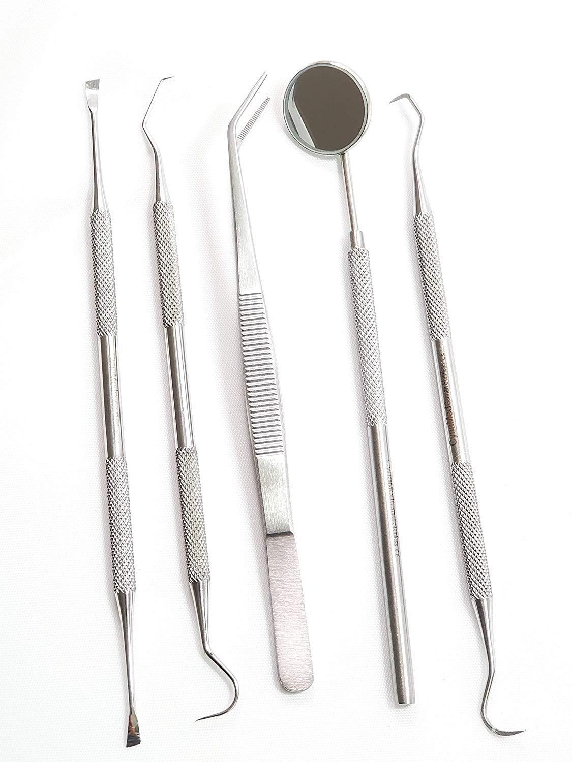 Cynamed Professional Dental Hygiene Kit, Calculus Plaque Remover Set, Stainless Steel Tools, Tarter Scraper, Tooth Pick, Dental Scaler and Mouth Mirror Instruments. Hygienist Kit, Home Use Tools for Adults