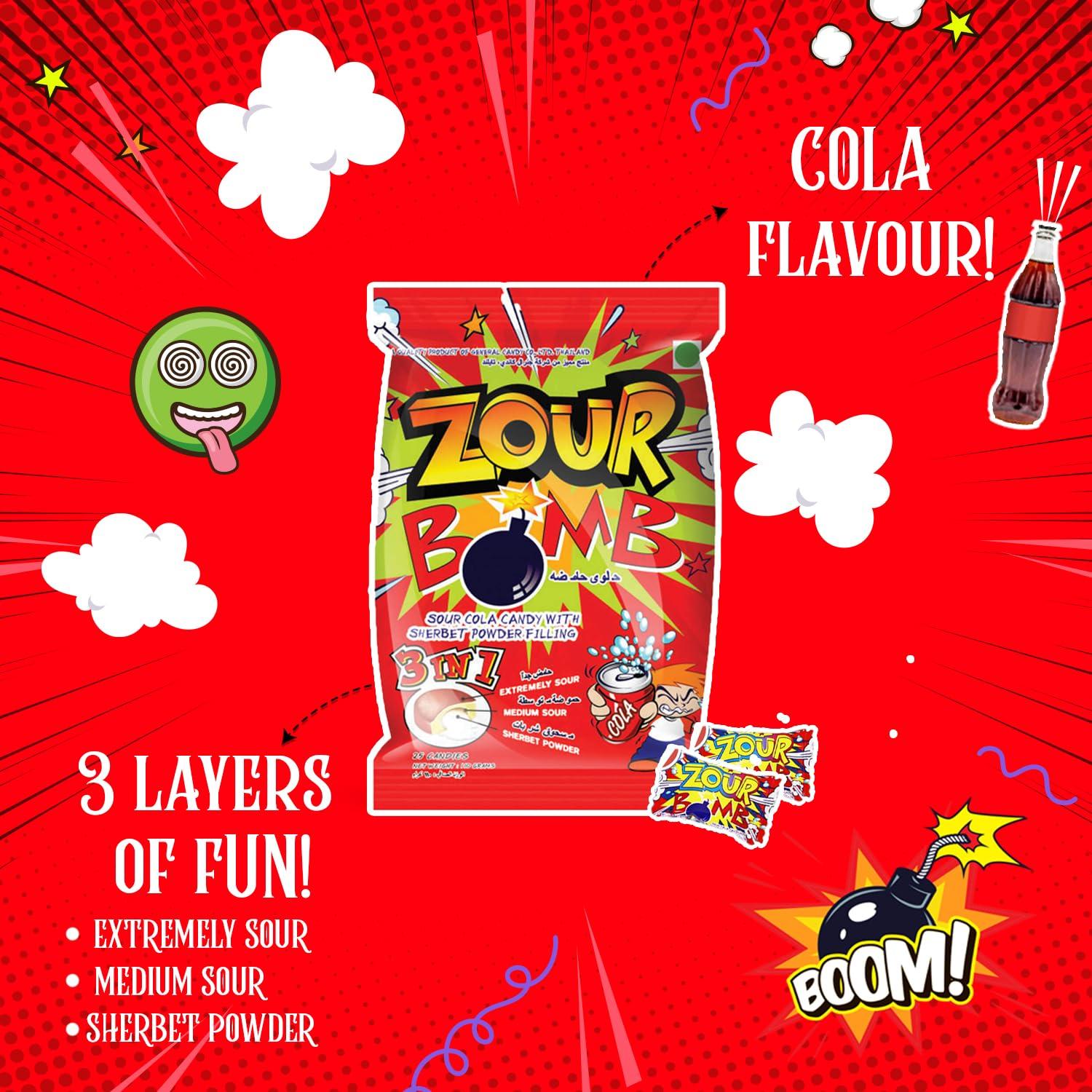 Zour Bomb Zour Bomb Sour Candy Combo Pack of 4 (Cola & Lemon) 110g each, Candies from Thailand, Share with Friends & Family