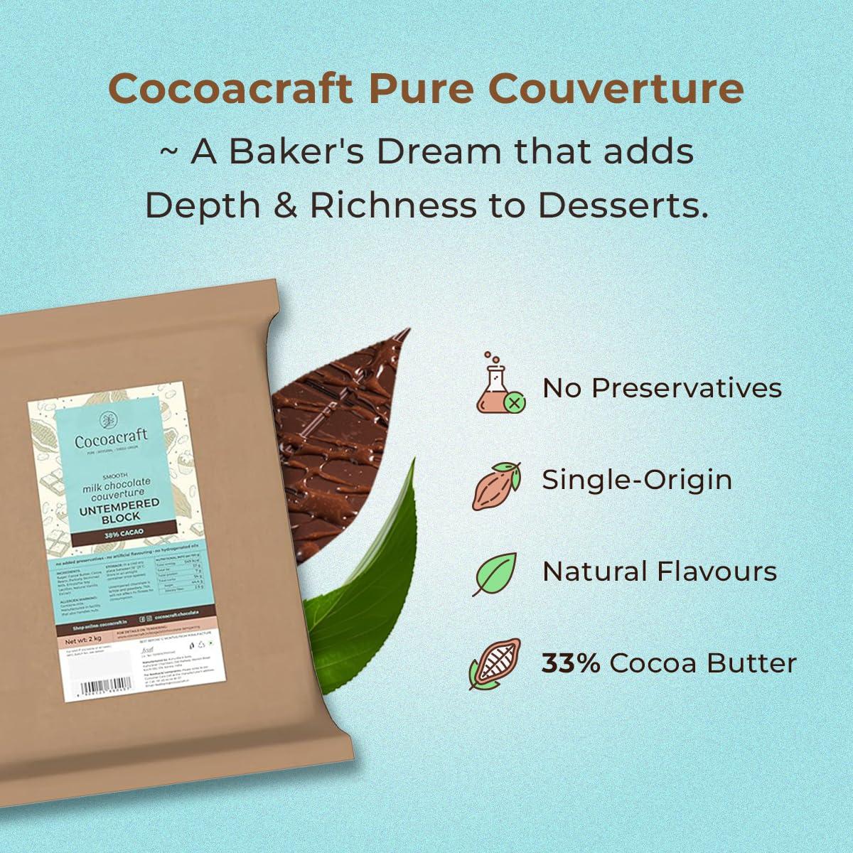 COCOACRAFT Cocoacraft 38% Milk Chocolate Couverture Un-tempered Slab (2KG) Chocolate Bar | 100% Natural | Handmade Artisinal Couverture Chocolate from Kerala | Used for baking and decoration