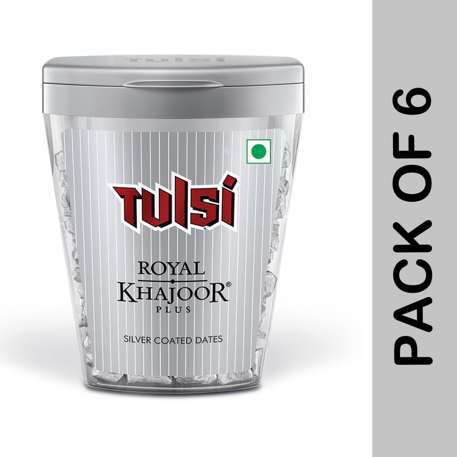 Dharampal Satyapal Foods Limited Tulsi Royal Khajoor Plus | Pack of 6 (30g x 6) | Silver Coated Khajoor | Dates| Mint Mouthfreshner Jar | Flip Top Pack