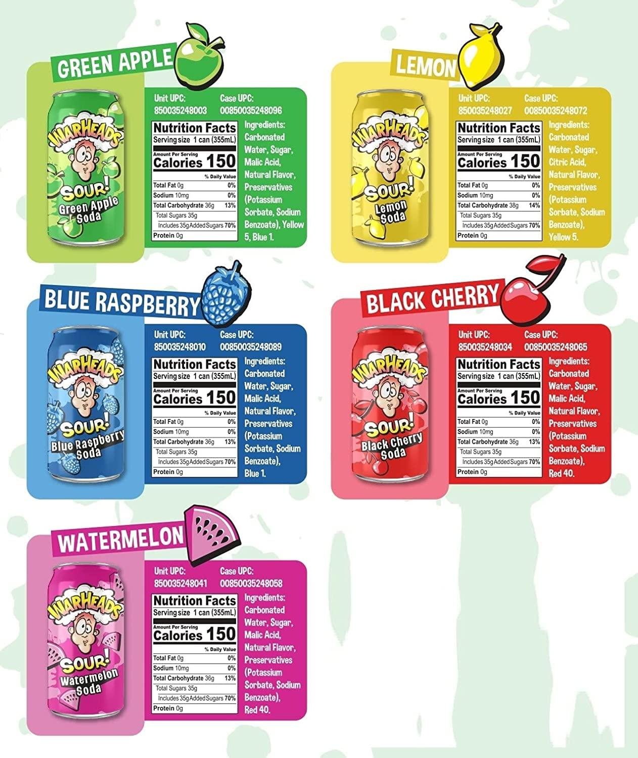 Generic Warheads Soda - Sour Fruity Soda with Classic Warheads Flavors  Perfectly Balanced Sweet and Sour Soda Pack of 5, 12oz Cans (Sampler Pack)