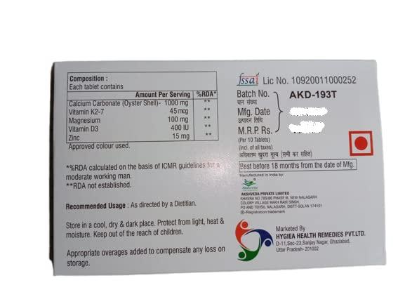Generic H-CALVI-K2 Tablets | Calcium Carbonate, Vitamin K2-7, Magnesium, Vitamin D3 & Zinc Tablets | 1 X 10 Tablets | Pack of (5)