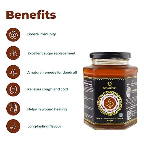 Anveshan Empowering farmers with technology Anveshan Wild Forest Honey 500g | Glass Jar | NMR tested | Raw & Unprocessed | No Added Sugar | Immunity Boosting