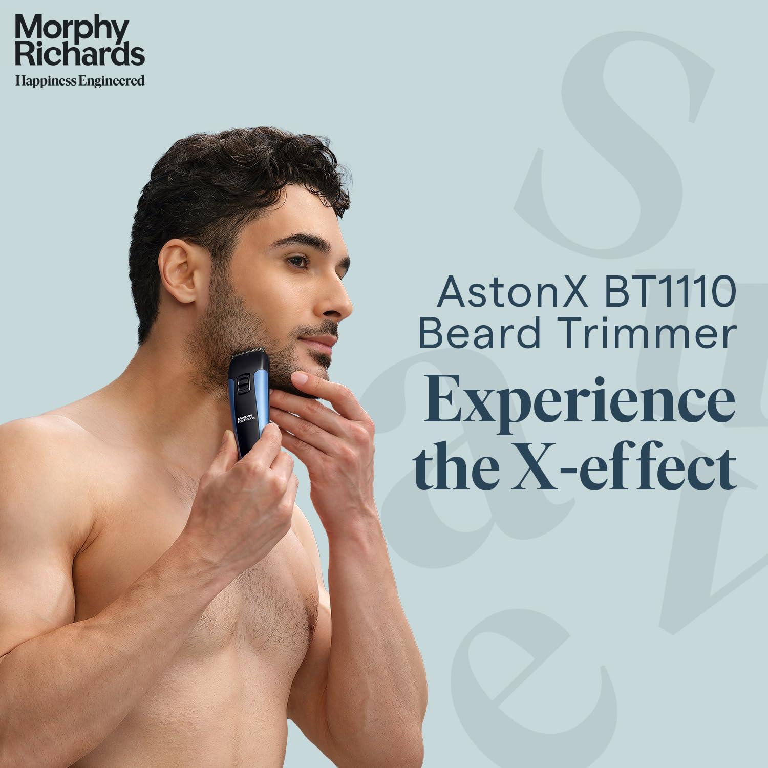 Morphy Richards Morphy Richards Astonx Bt1110 Beard Trimmer Men|9 Settings Single Comb| Reachargable Men Trimmer|Removable & Washable Blades| 2-Yr Warranty |Travel Friendly Beard Trimmer|Metallic Blue & Black