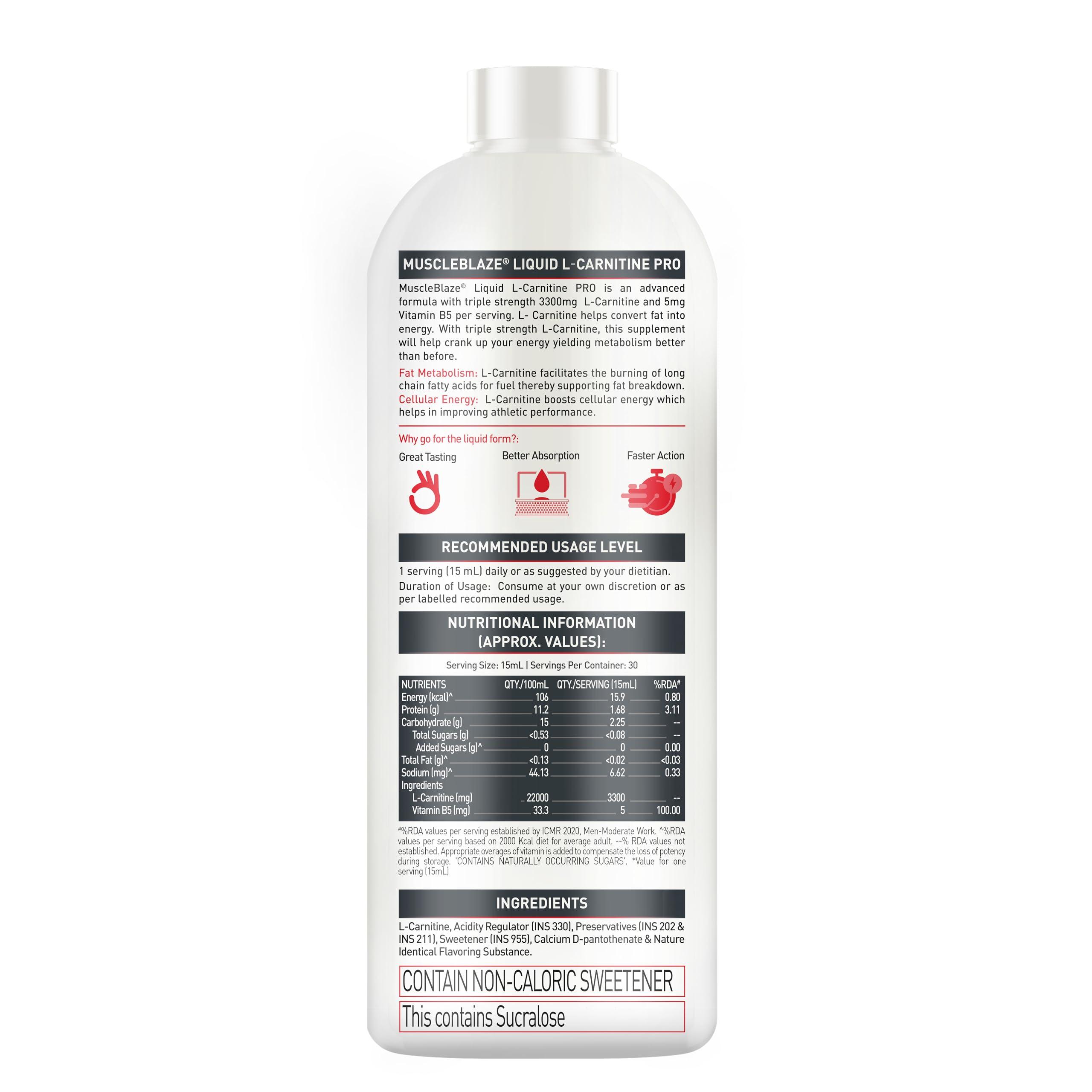 MuscleBlaze MuscleBlaze Liquid L-Carnitine PRO (Tangy Orange, 450ml) | Triple Strength Formula | 3300mg L- Carnitine