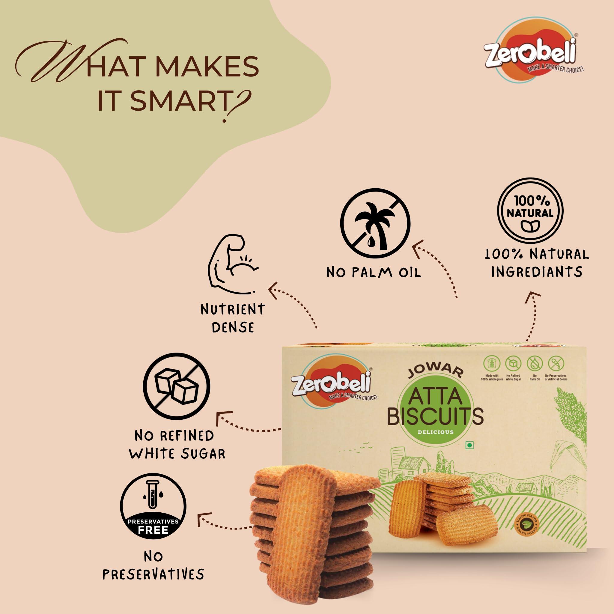 Zerobeli Zerobeli Jowar Atta Biscuits with Elaichi 750g (375g x 2) |Premium Handmade Atta Biscuits| No Refined White Sugar, No Palm Oil, Preservatives or Colors|