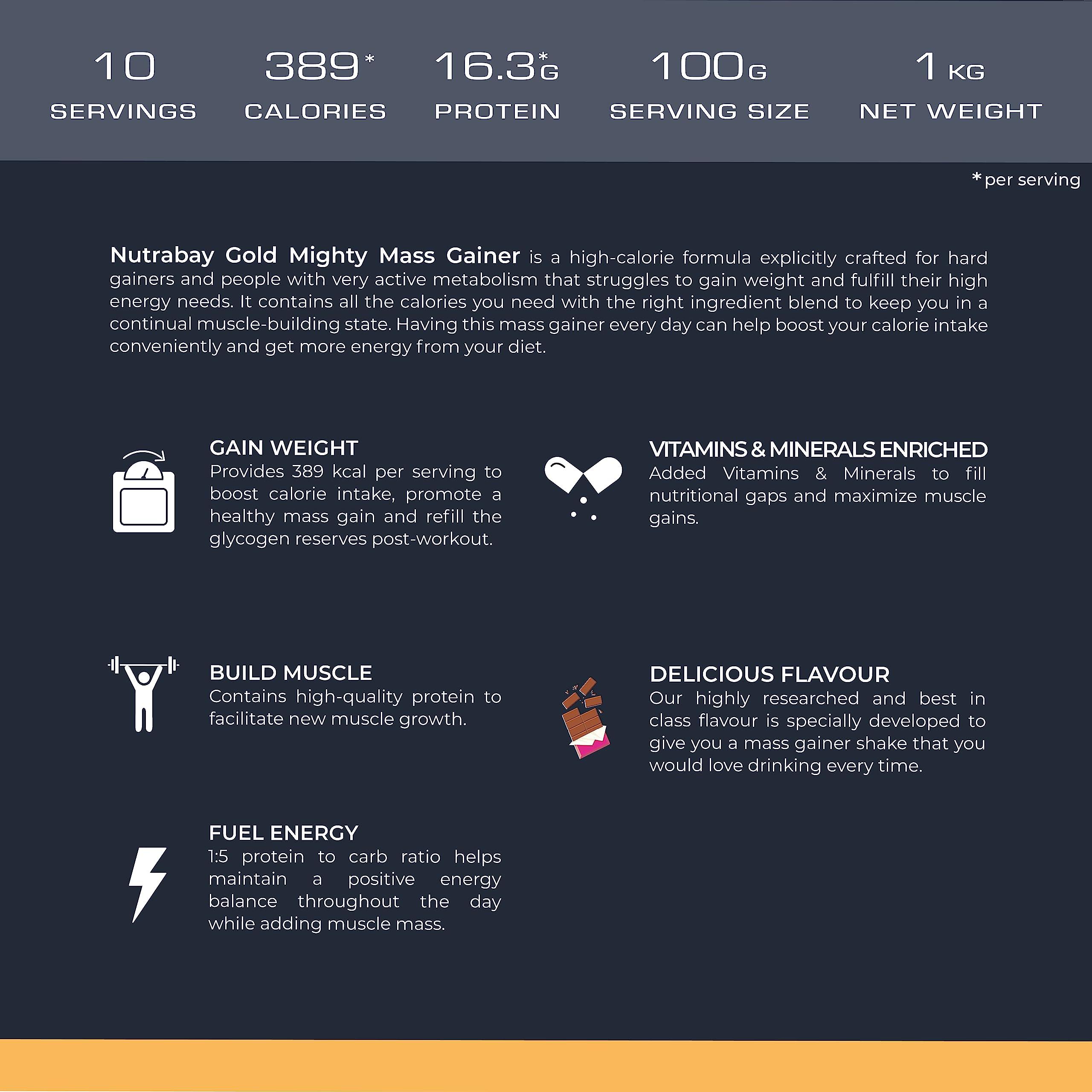 Nutrabay Nutrabay Gold Mighty Mass Gainer Powder - 1kg, Chocolate Supreme | 16.3g Protein, 78g Carbs, 389 Calories | 100% Veg | Vitamins & Minerals Rich Muscle Building Supplement for Men & Women