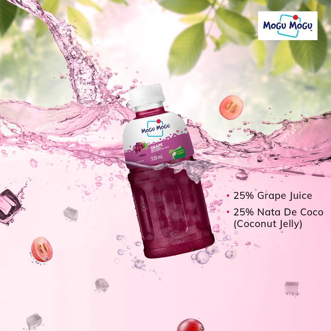 Mogu Mogu Mogu Mogu Grape Juice with 25% NATA De Coco | Energy Booster Drink | Full of Fruit Fibres | No Added Preservatives and Colours - (Pack of 9, 300ml Each)