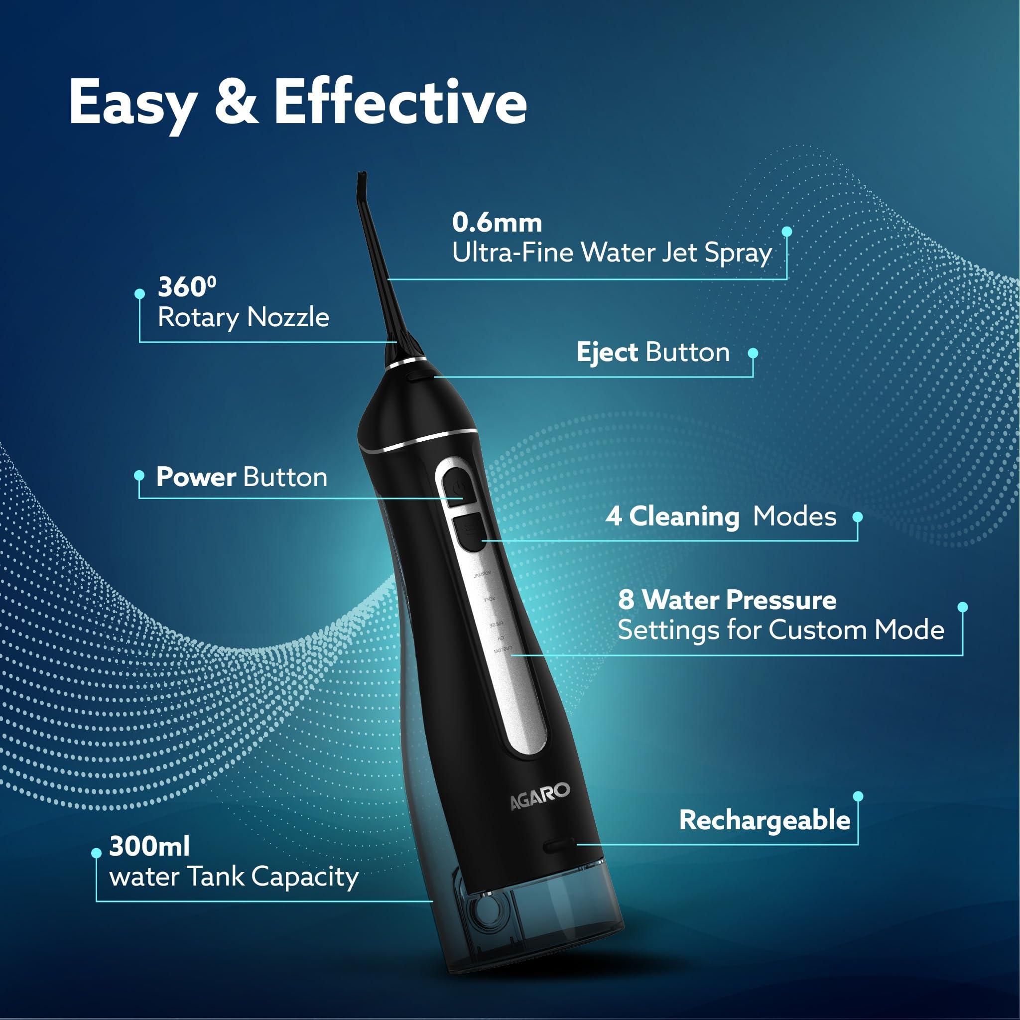 AGARO AGARO Ultra Plus Dental Flosser for teeth, Portable, Cordless & Rechargeable, 4 Cleaning Modes, IPX7 Waterproof, 300ml Water Tank, Flossing at Home & Travel, Oral Flosser, Oral Irrigator Black