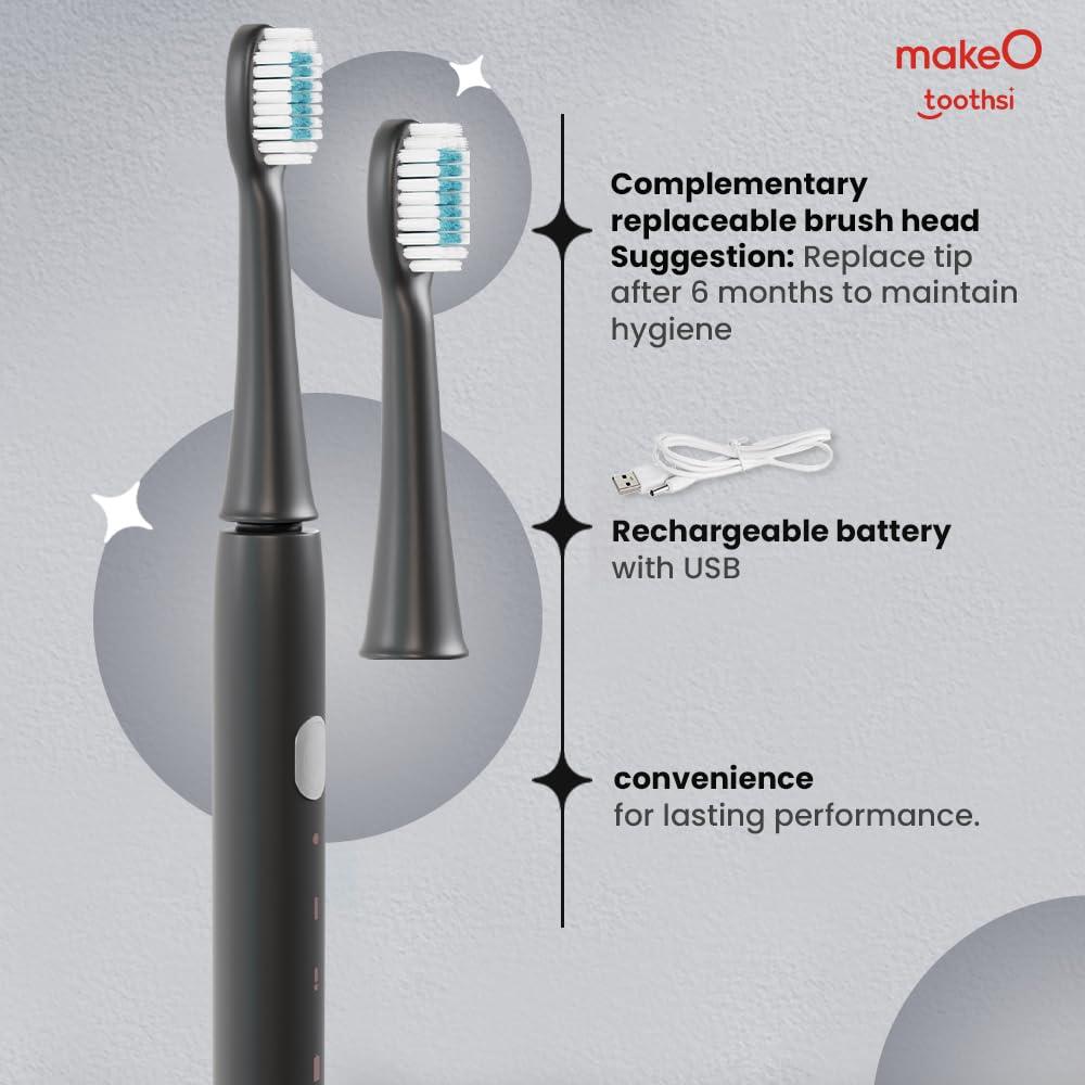 Toothsi Toothsi Electro i6 Smart Electric Toothbrush | Charcoal Black | 3 Cleaning Modes | IPX7 Waterproof & 5X plaque reduction | Sonic Technology, Dupont Soft Bristles, & Smart Timer | Rechargeable