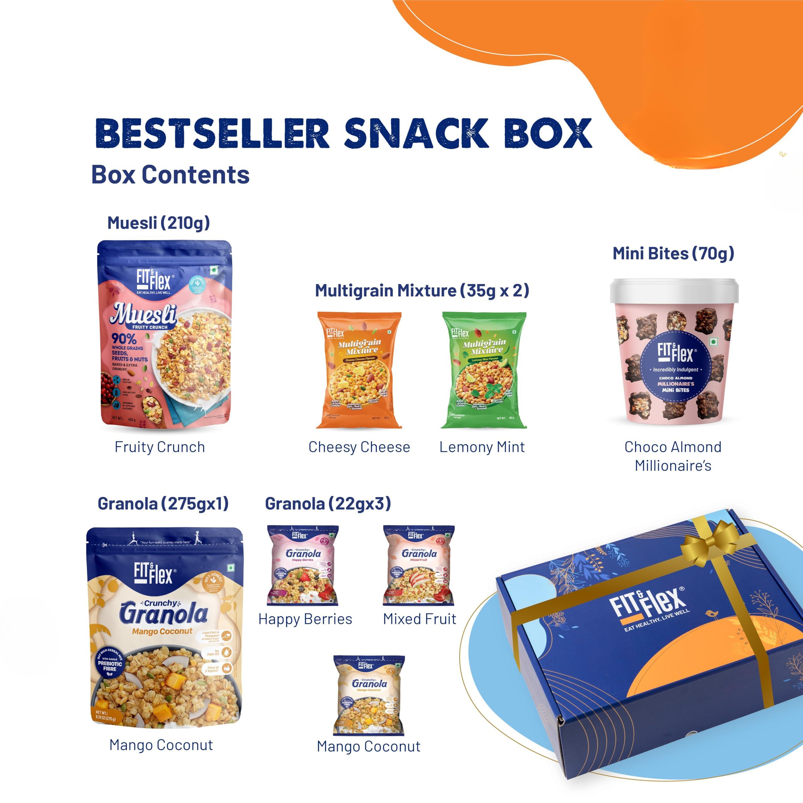 FIT & FLEX Fit & Flex Healthy Gift Box For Rakhi, Assorted Pack of Premium Snacks (Granola, Muesli, Chocolates & Namkeen) | As Seen on Shark Tank India | Pack of 8