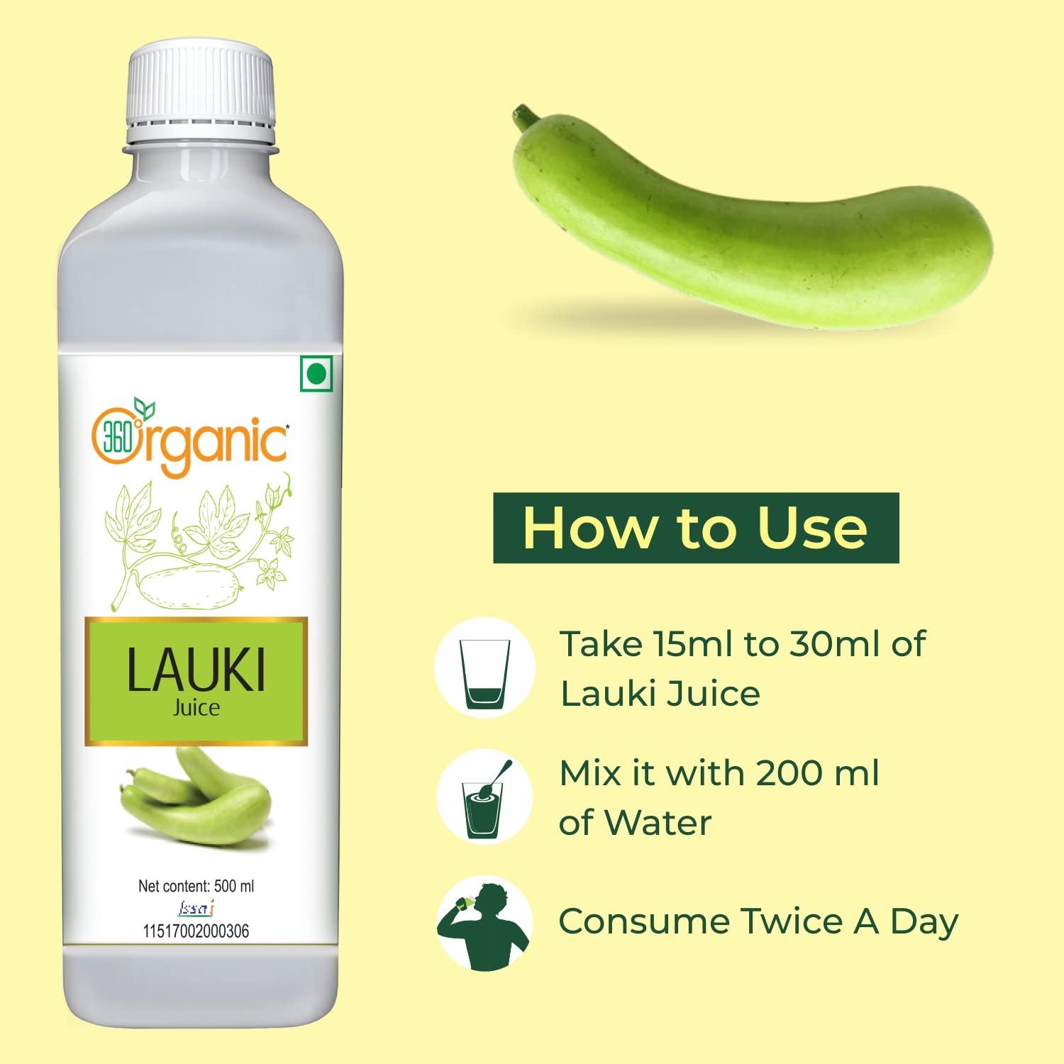 360 DEGREEORGANIC 360 Degree Organic Lauki Juice (Bottle Gourd Juice) for Help Detoxify the Liver, Cleanse the Digestive System, and Purify Blood- 500 ml