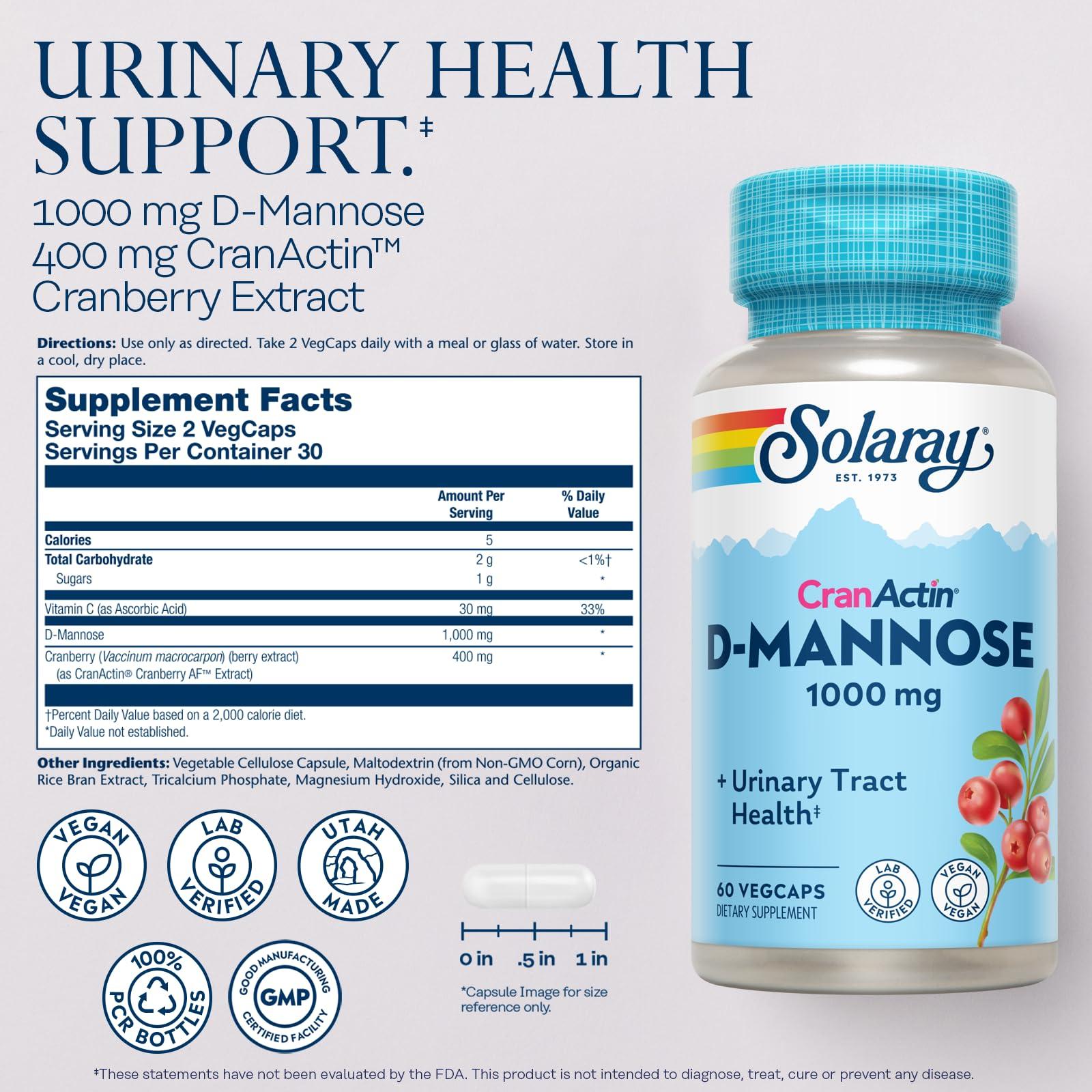 SOLARAY Solaray D-Mannose with Cranactin, 1000 mg, 60 Count