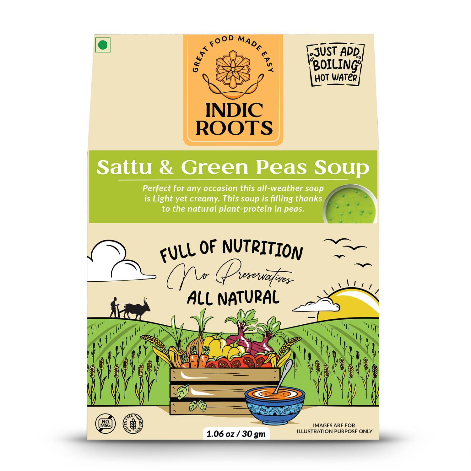 Organic Roots Organic Roots Sattu & Green Peas Instant Soup Packets, Healthy Natural Ready To Cook Vegetable Soup Mix Powder, Pack of 2 (30G Each, 230Ml)