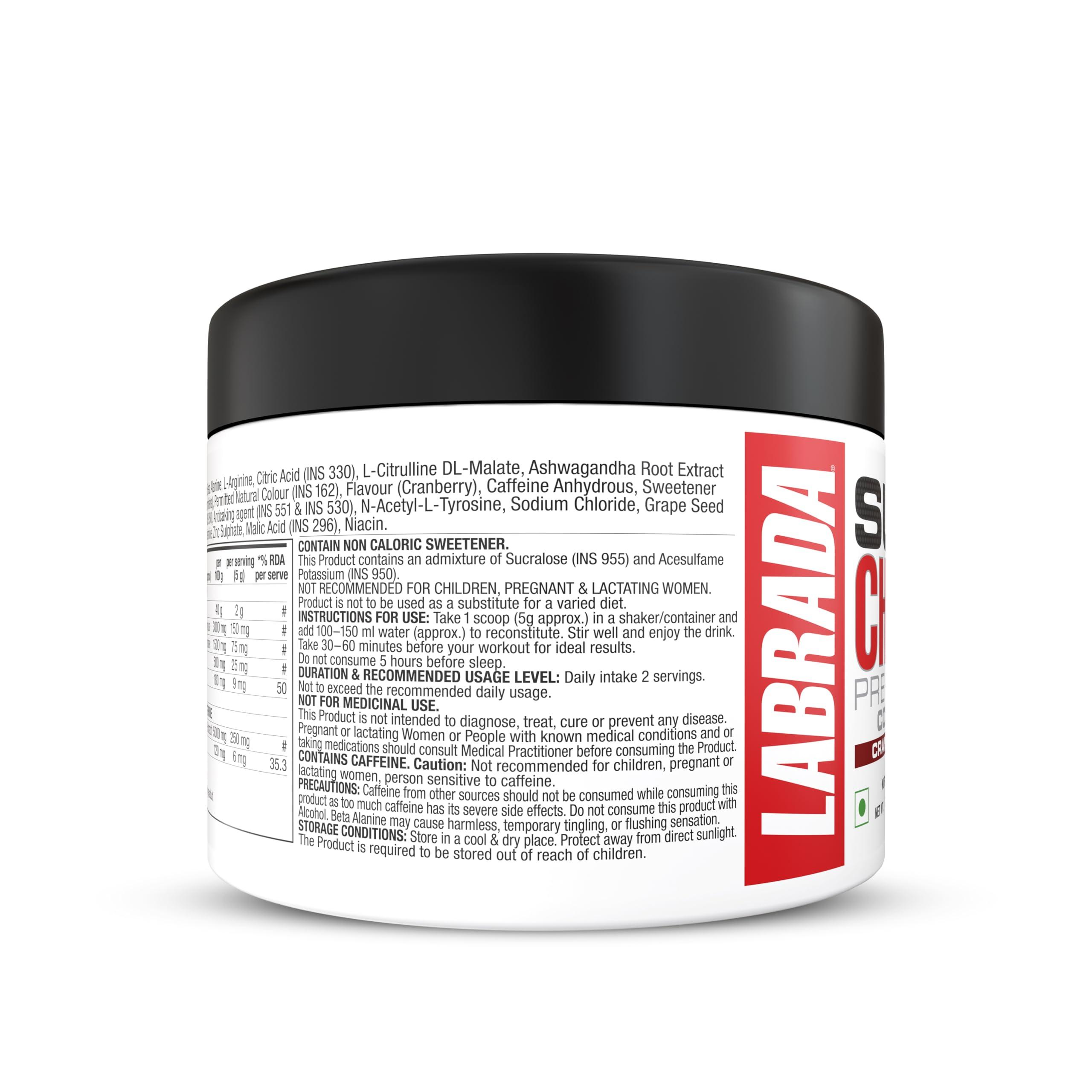 Labrada Labrada Super Charge Pre-Workout Concentrate 150g, Cranberry (30 Servings | 0.75g L-Arginine |375mg L-Citrulline Malate |2g Beta Alanine | 150mg Caffeine Anhydrous | 250mg Ashwagandha Extract)