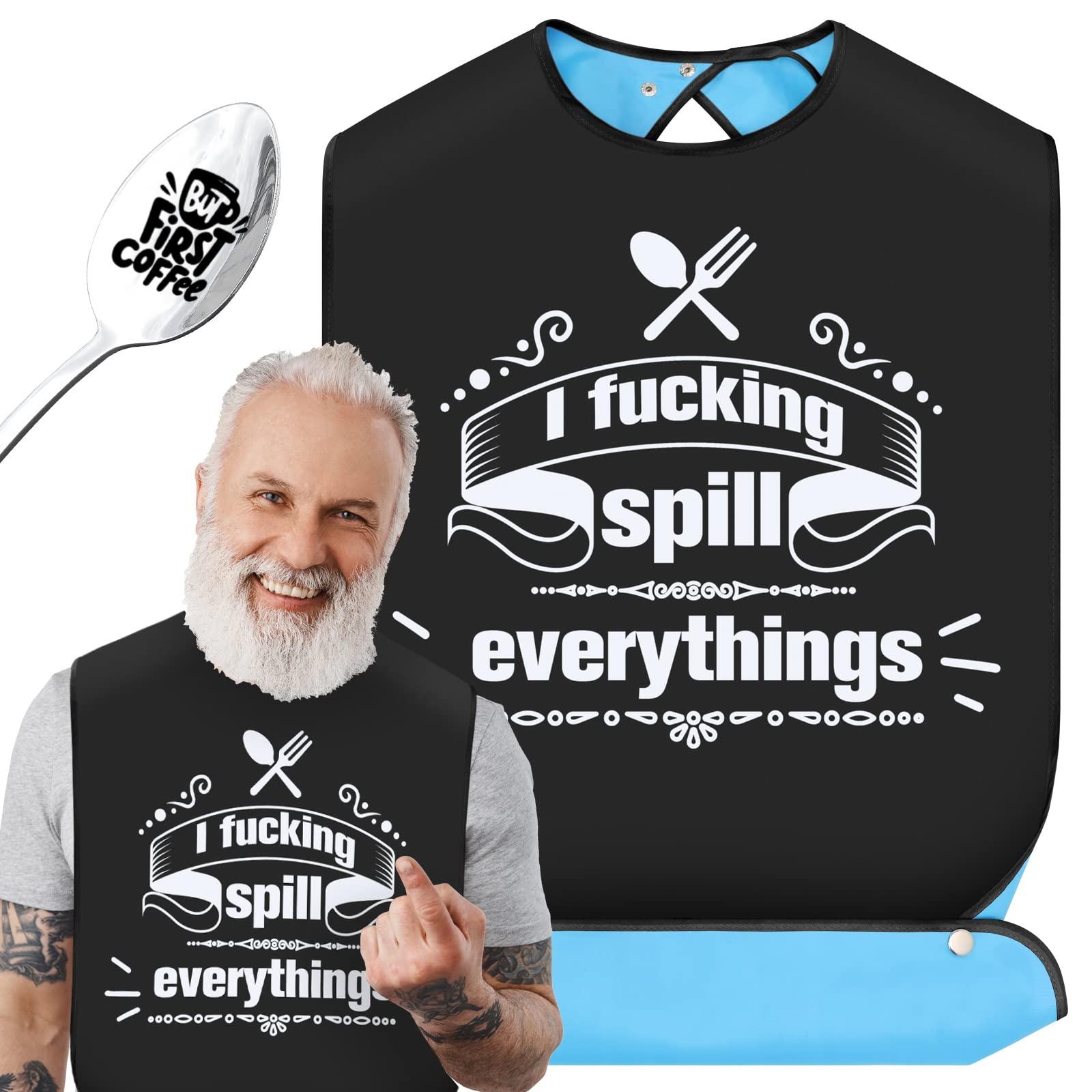 FreeNFond Funny Adult Bibs for Men Women Elderly, Washable Eating Clothing Protectors with Crumb Catcher and Coffee Spoon Gag Gifts (Spill)