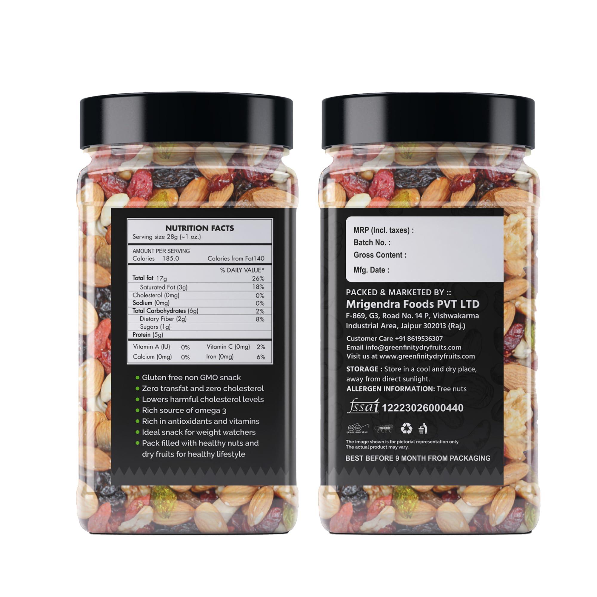 GreenFinity GreenFinity Healthy Nutmix 500g | Jar Pack | Dried Almonds, Black Raisins, Cashewnuts, Cranberries, Green Raisins, Walnut Kernels & Many More.