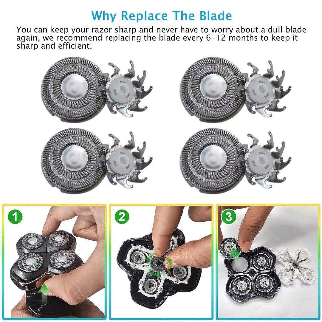 BLUE ELF 4Pcs Shaver Head Blades Replacement for Skull Shaver Pitbull Silver PRO for Men,Wet/Dry 4 Razor Hair Trimmer