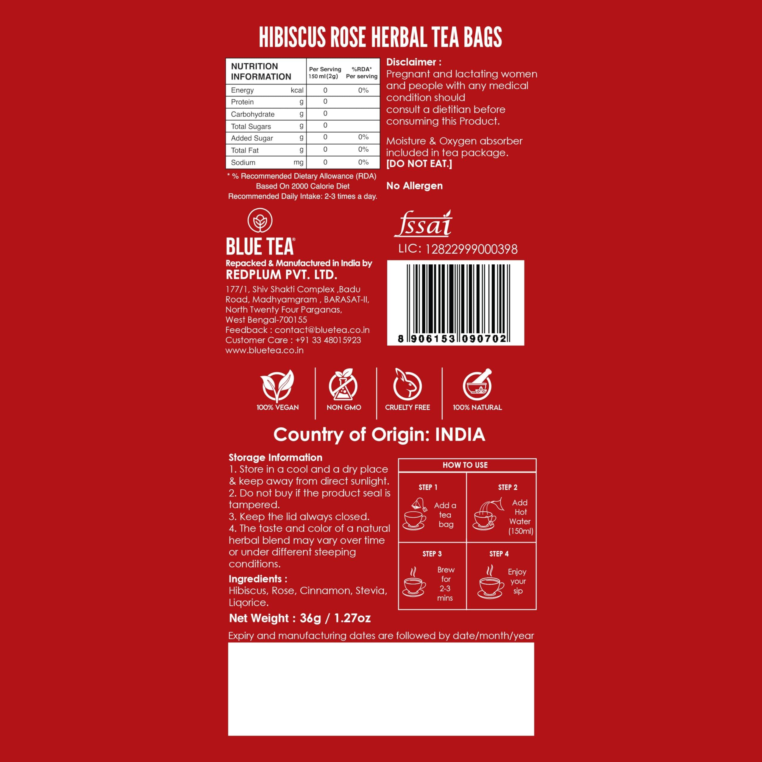 BLUE TEA BLUE TEA - Hibiscus Rose Herbal Tea  18 Tea Bags | SKIN GLOW ENHANCING TEA | Flower Based - Caffeine Free -Vegan - Gluten - Free - Non-GMO | Farm - Packed Tin Packaging