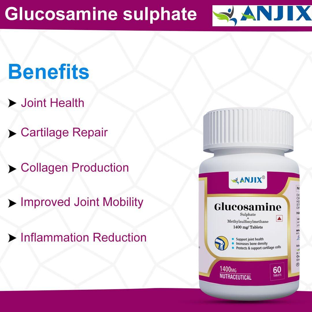 ANJIX ANJIX Glucosamine Sulphate Potassium Chloride 1000mg with MSM 400mg, Glucosamine Tablets for Joint Health Supplement for Cartilage Support, Non- Veg, Pack of 60 Tablets