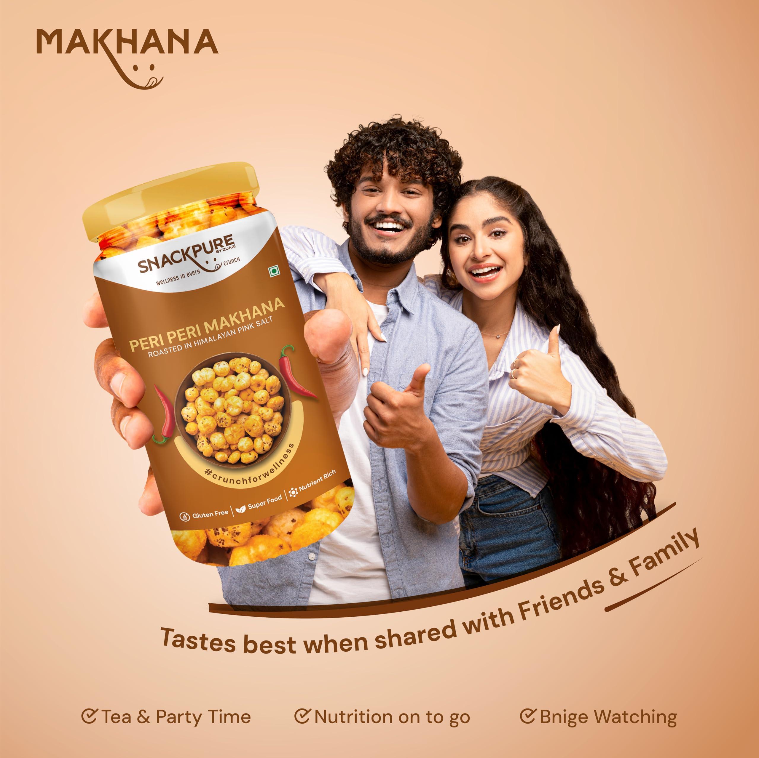 SNACKPURE BY ZUARI wellness in every crunch Snackpure Peri Peri Roasted Makhana | Healthy Puffed Snack | Gluten-Free Superfood | Nutrient-Rich Foxnut, Trans-Fat-Free, Delicious, and Nutritious Snack | 150g (Pack of 2, 75g Each)