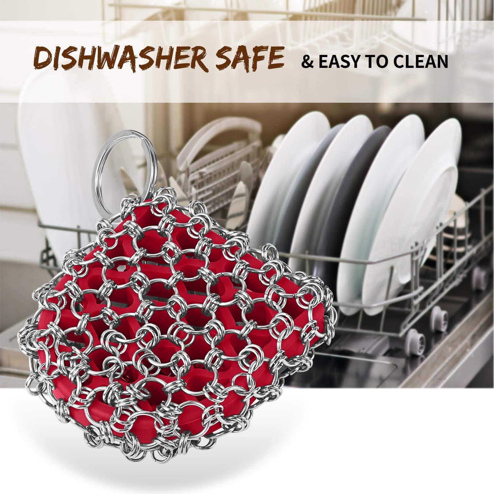 Herda Cast Iron Scrubber Skillet Cleaner 316 Chainmail Scrubber for Cast Iron Pan, Silicone Insert Light Weight Life Time Use Herda Chain Mail Metal Scrubber for Cleaning Steel Skillet, Wok, Carbon Steel