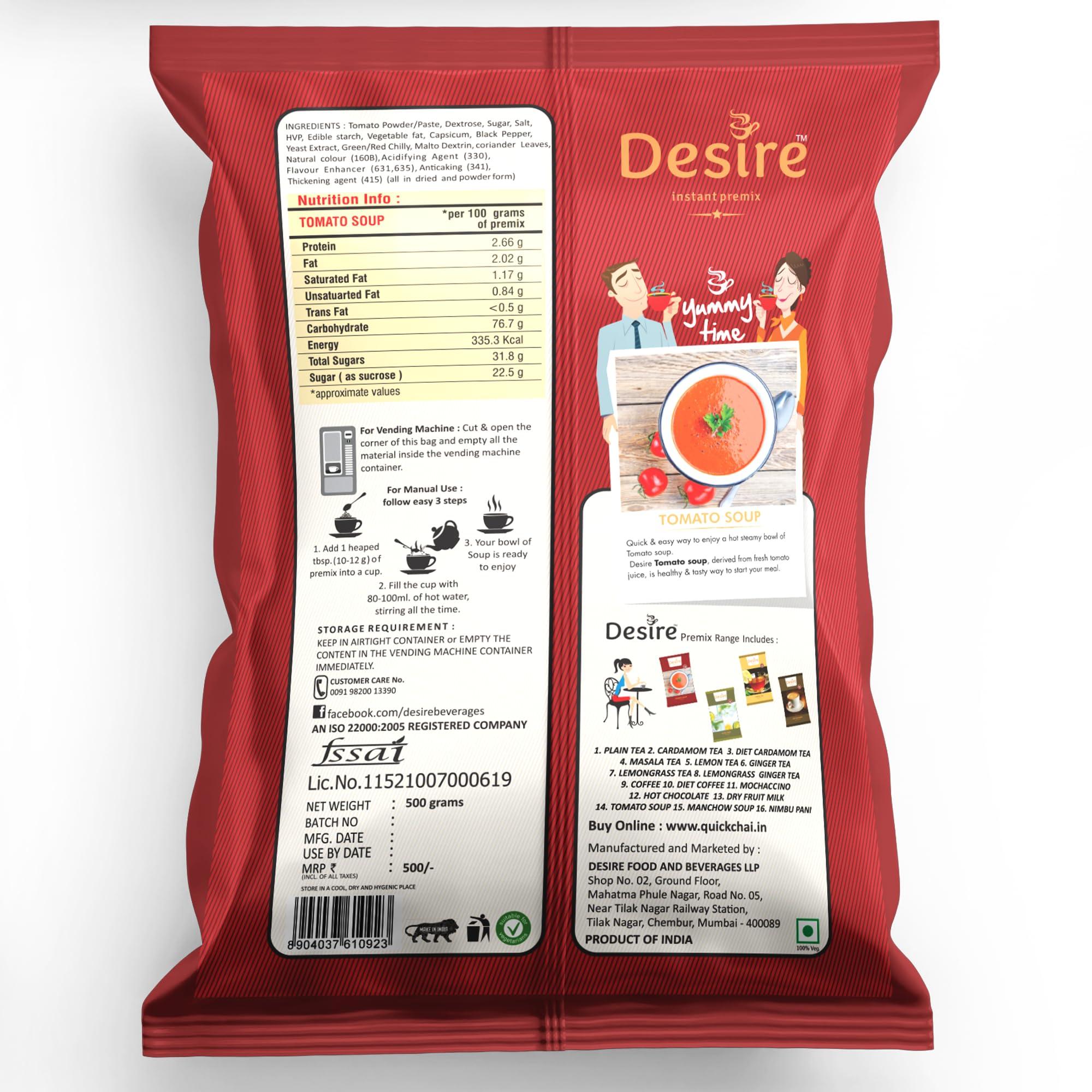 Desire Desire Instant Premix Jain Food Tomato Soup Pack - Fresh Tomatoes 500g Readymade Soup Packet - Just Add Hot Water (Jain Tomato Soup)