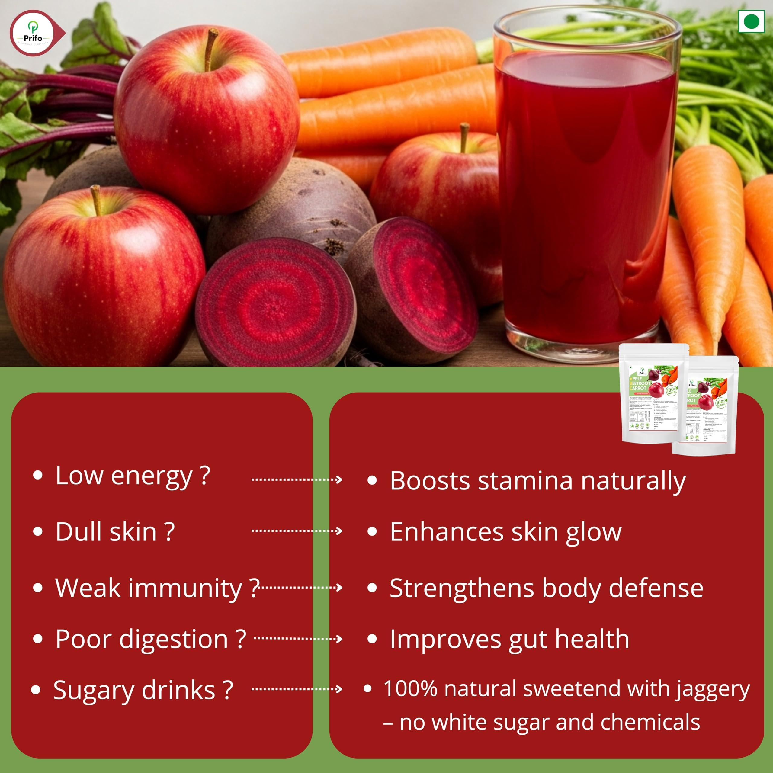Prifo traditional goodness Prifo traditional goodness ABC Juice Powder - Apple Beetroot Carrot Juice Powder | Natural Drink | Instant | No White Sugar added | Chemical Free Processing - 250 Grams Pack.
