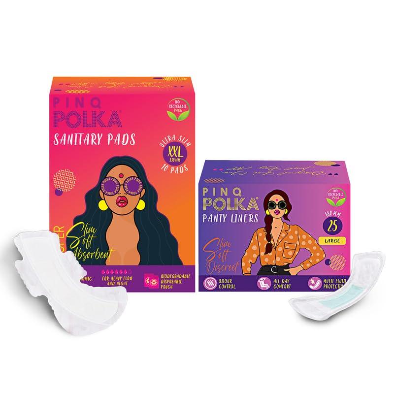 pinq polka PINQ POLKA Premium Sanitary Pads(XXL-330mm) with 25 (Large-180mm) Pantyliners for Discharge, Organic Cotton Soft Feel|Rash Free|Ultra Thin for Night & Heavy Flow Combo with Disposable Pouch, 35 Pieces