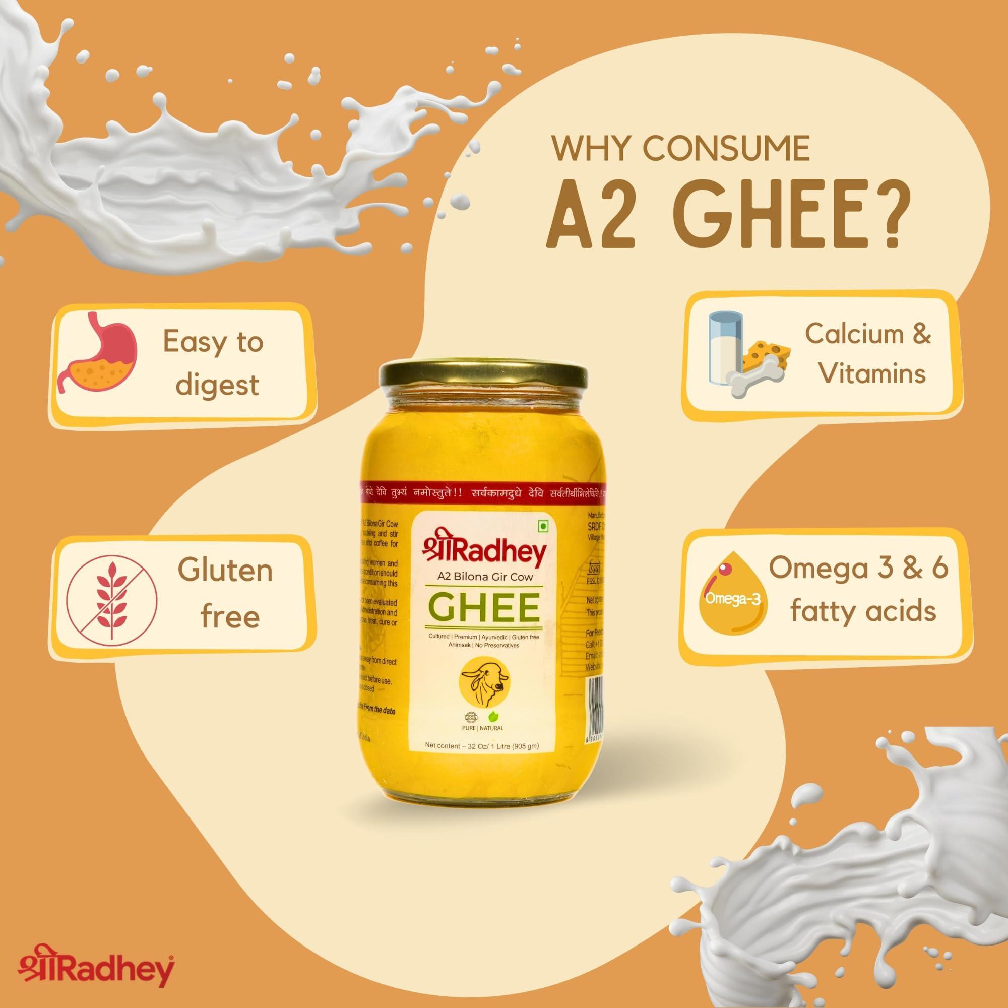 SHREERADHEY SHREERADHEY Gir Cow Ghee I A2 Bilona Traditional Bilona Method I 1 L Glass Bottle, 1.53 Kg