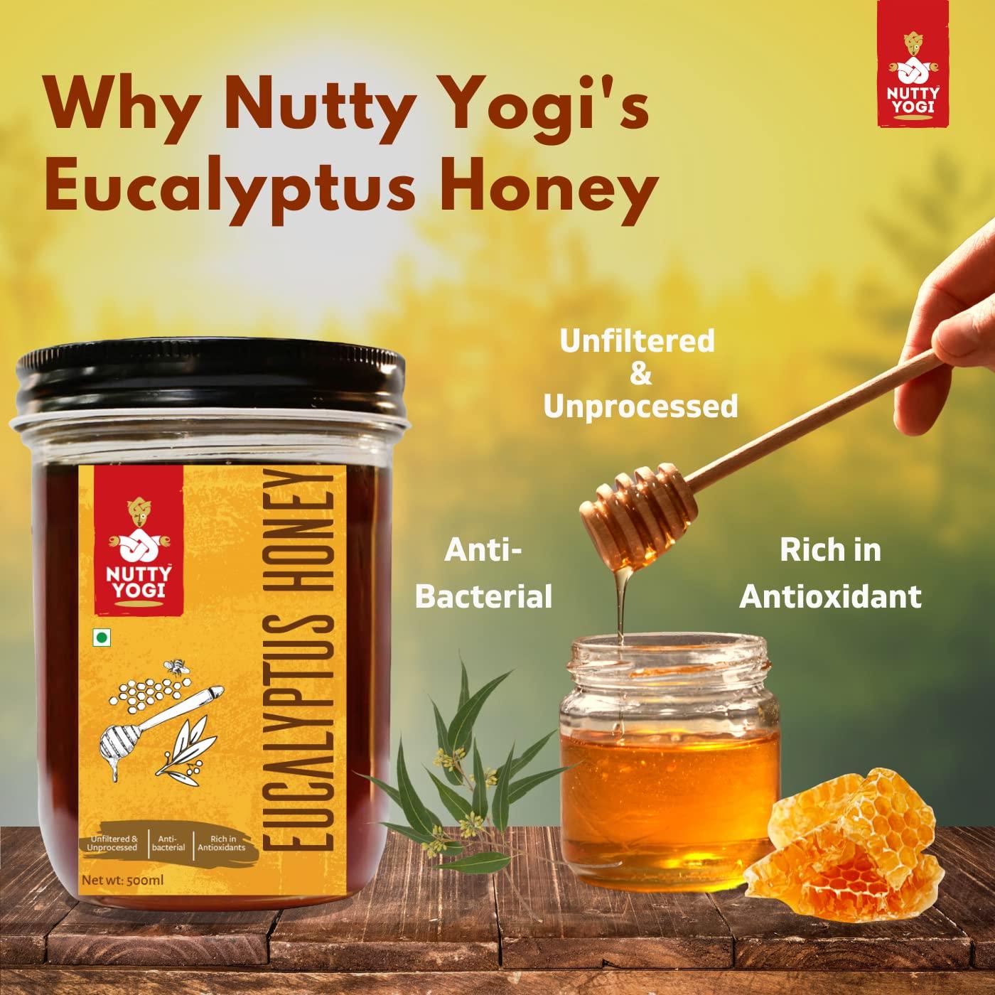 NUTTY YOGI Nutty Yogi Eucalyptus Honey 500 Gm, 100% Natural, Fresh from Forests, Healthy & Delicious, No Artificial Color/Flavour | 100% Pure Wild Forest Organic Honey