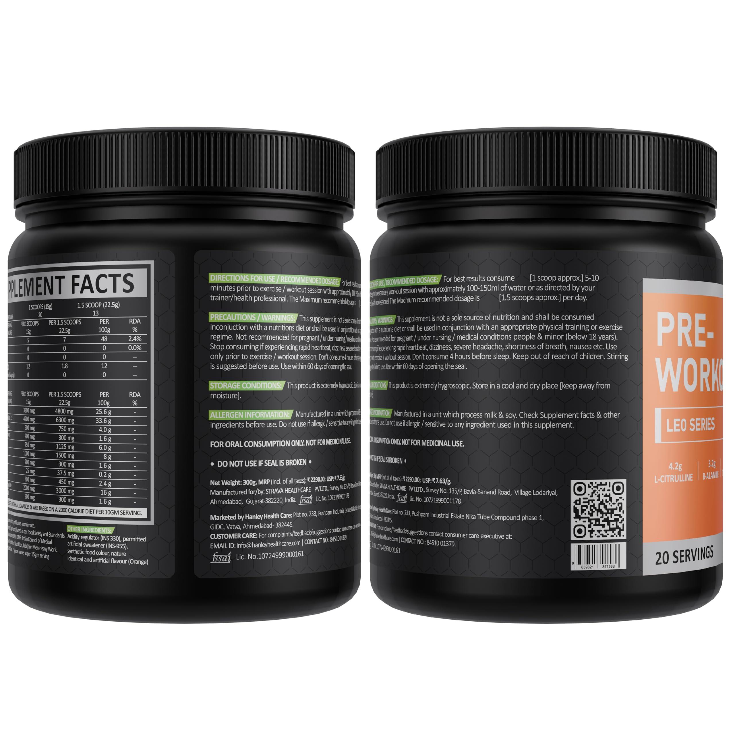 Hanley Healthcare Hanley Leo Pre-Workout with Astragin - Pre Workout Supplement for Men - Orange Flavor (20 Servings, 300g)