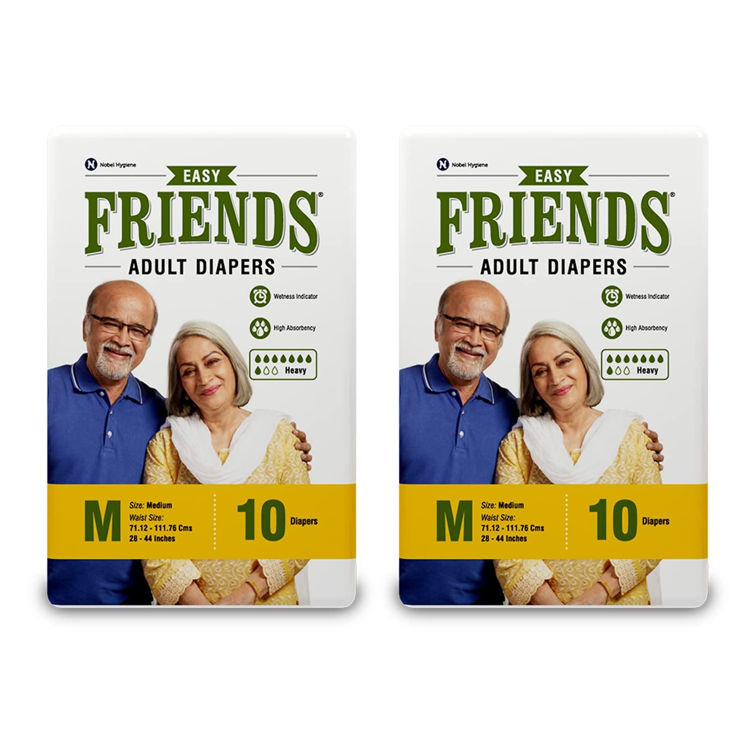 Friends Friends Easy Adult Diapers Tape Style - 20 Count (Medium) with odour lock, Unisex, Leakproof, Wetness Indicator and Anti-Bacterial Absorbent Core- Waist Size 28.35-51.18 inch; 72-130cm
