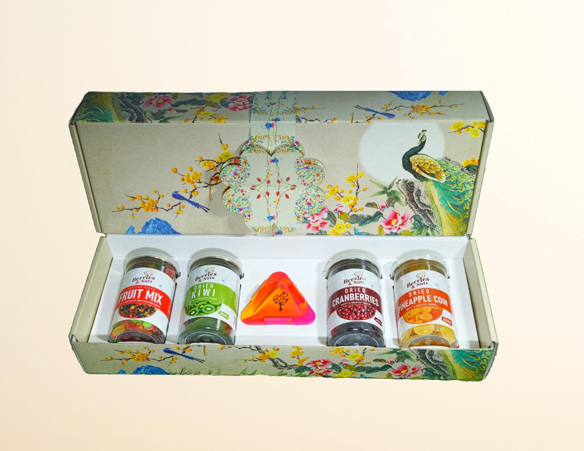 Nuts Wave Berries And Nuts Premium Dried Fruits Gift Box | Assorted Dried Fruits Box | Fruit Mix 200 Grams, Dried Kiwi 200 Grams, Dried Cranberries 200 Grams, and Dried Pineapple Coin 200 Grams | 800 Grams Box | Dry Fruit Gift Pack for Special Ocassions | Anyt