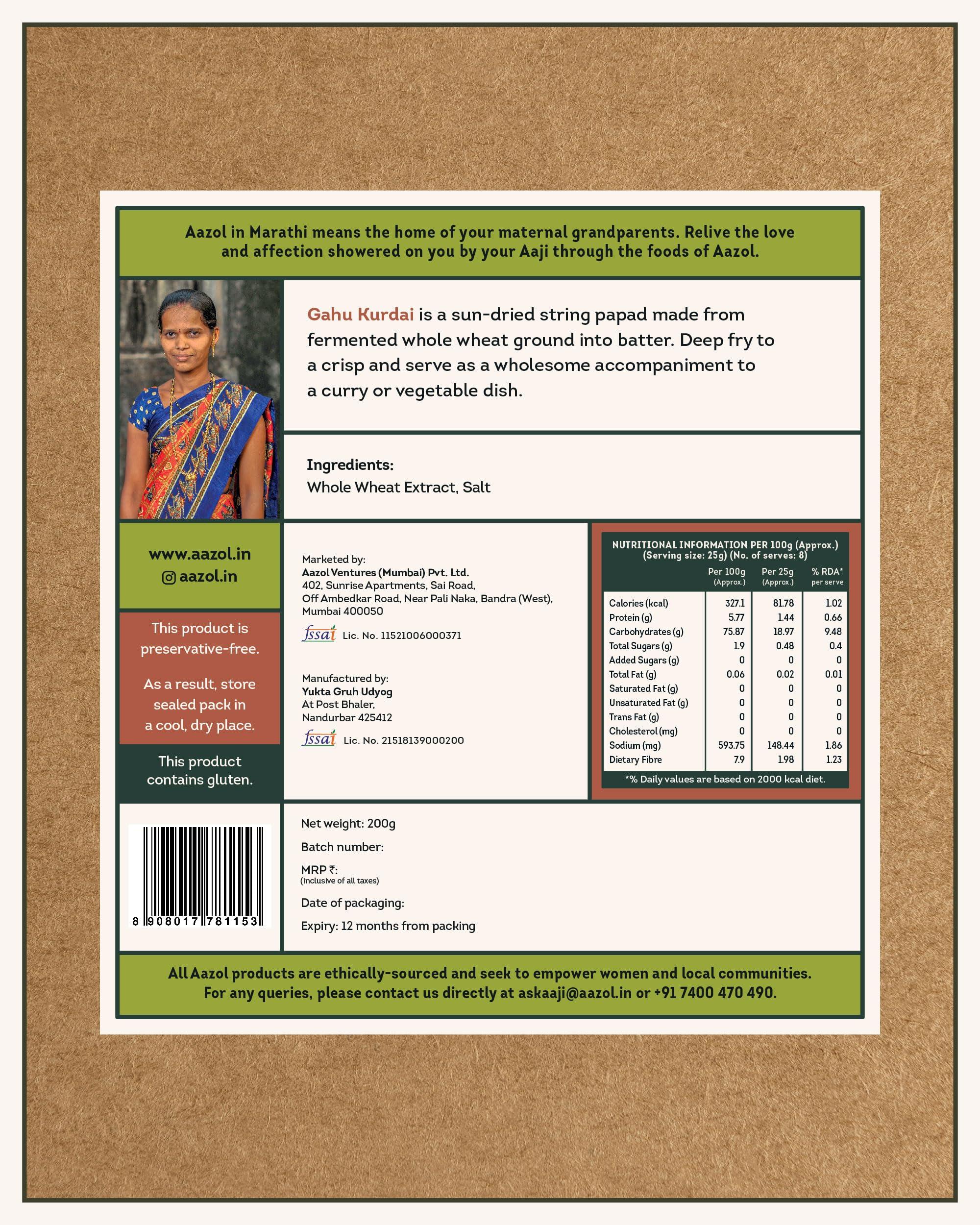 AAZOL Aazol Whole Wheat String Papad: Gahu Kurdai - 600gms (Pack of 3-200gms each) | Sun-dried Kurdai Papad | Healthy Indian Snack | Tasty Fryum Option | Perfect Meal Accompaniment