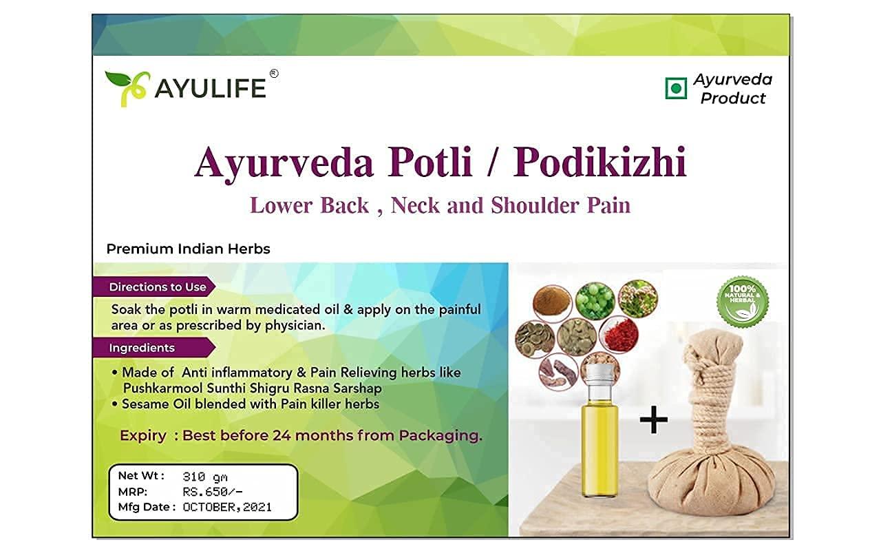 Ayulife Ayulife Ayurveda Potli Massage and Ayurveda Pain Relief Oil Combo Pack, Easy to use, Kit usable for 20 massages Suited for Pain in Lower Back, Neck, Cervical, Sciatica, Lumber (Weight 265 gram)