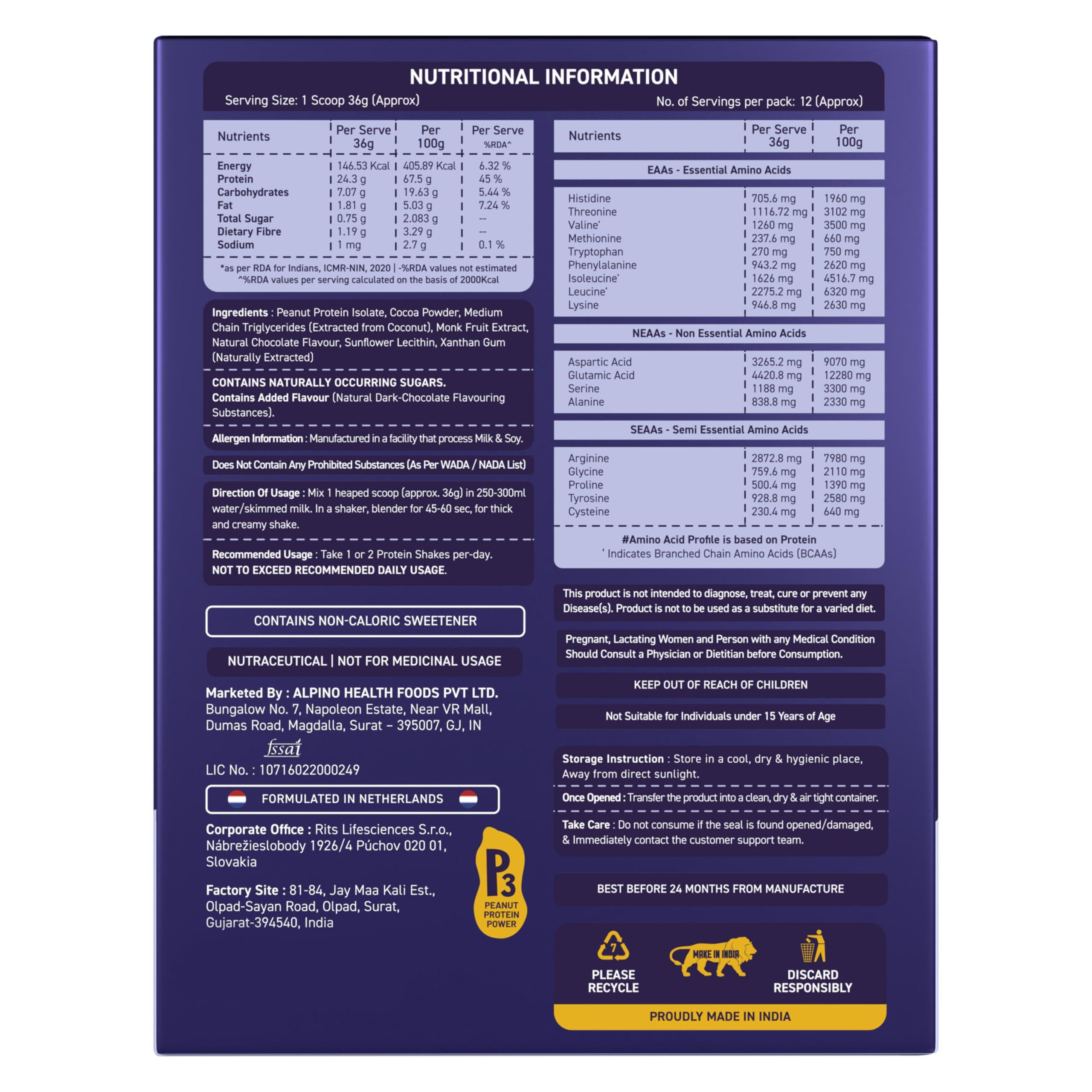 Alpino Alpino Supernatural Peanut Protein Powder Dark Chocolate 432g (12 Day Trial Pack) - 100% Plant-Based, High-Performance Protein - 24g Protein, 5.1g BCAAs, No Added Sugar, Gluten-Free