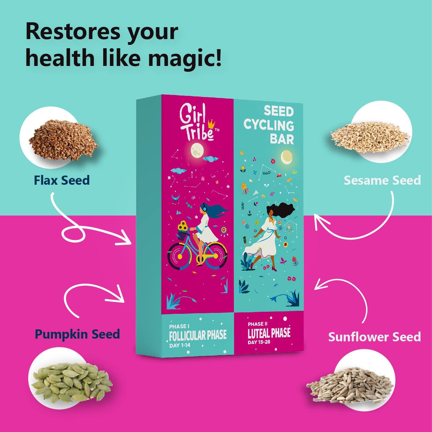 GIRL TRIBE Girl Tribe - Seed Cycling Bar|Healthy|FOR FOLLICULAR PHASE pumpkin seeds,Flax seeds,Sesame seeds,Sunflower seeds | No artificial flavors and Perservatives| 28 Packets 420 grams - Pack of 2