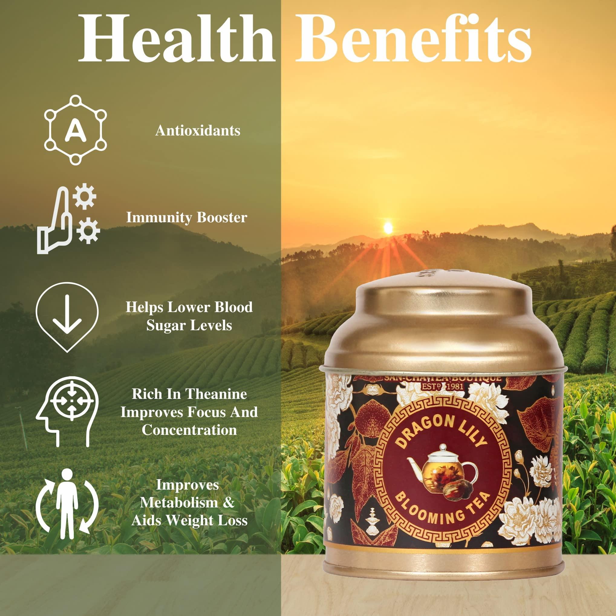 SAN-CHA SAN-CHA Tea Boutique, Dragon Lily Blooming Tea, Flowering Tea, Ornamental Tea, Hand Woven, Osmanthus & Lily Flower Tea, Blooming Tea Flower, Green Tea, 190 Gram