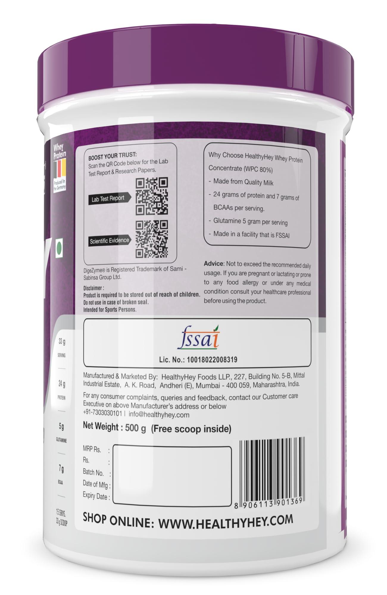 HealthyHey Sports HealthyHey Sports Whey Protein Concentrate - Helps in Muscle Synthesis (Strawberry, 500gm)