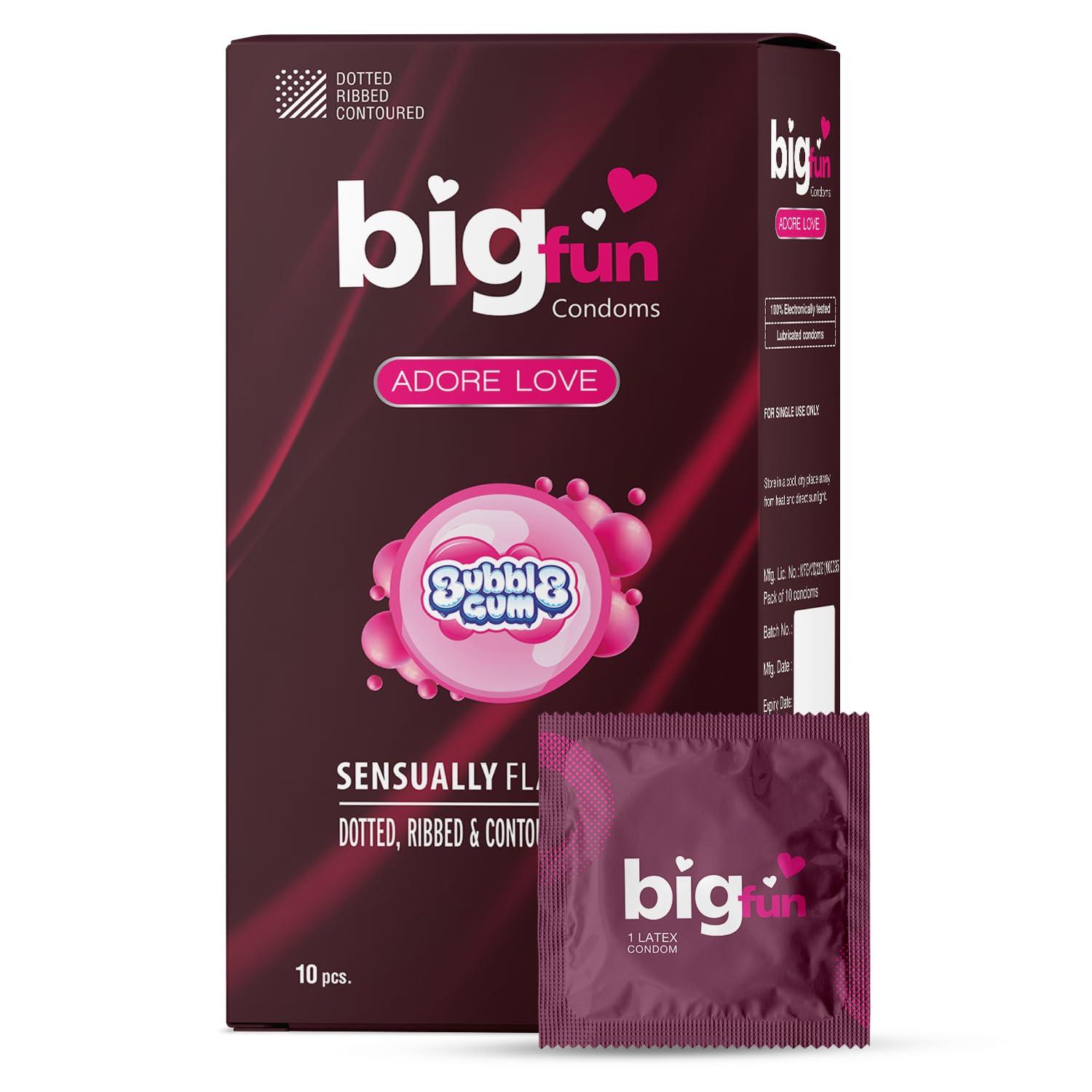 BIGFUN Bigfun Flavoured Condoms Combo Pack of 3 (10Pcs Each Pack) | Dotted, Ribbed & Contoured Long Lasting For Men | Bubblegum Flavour (Total 30pcs)