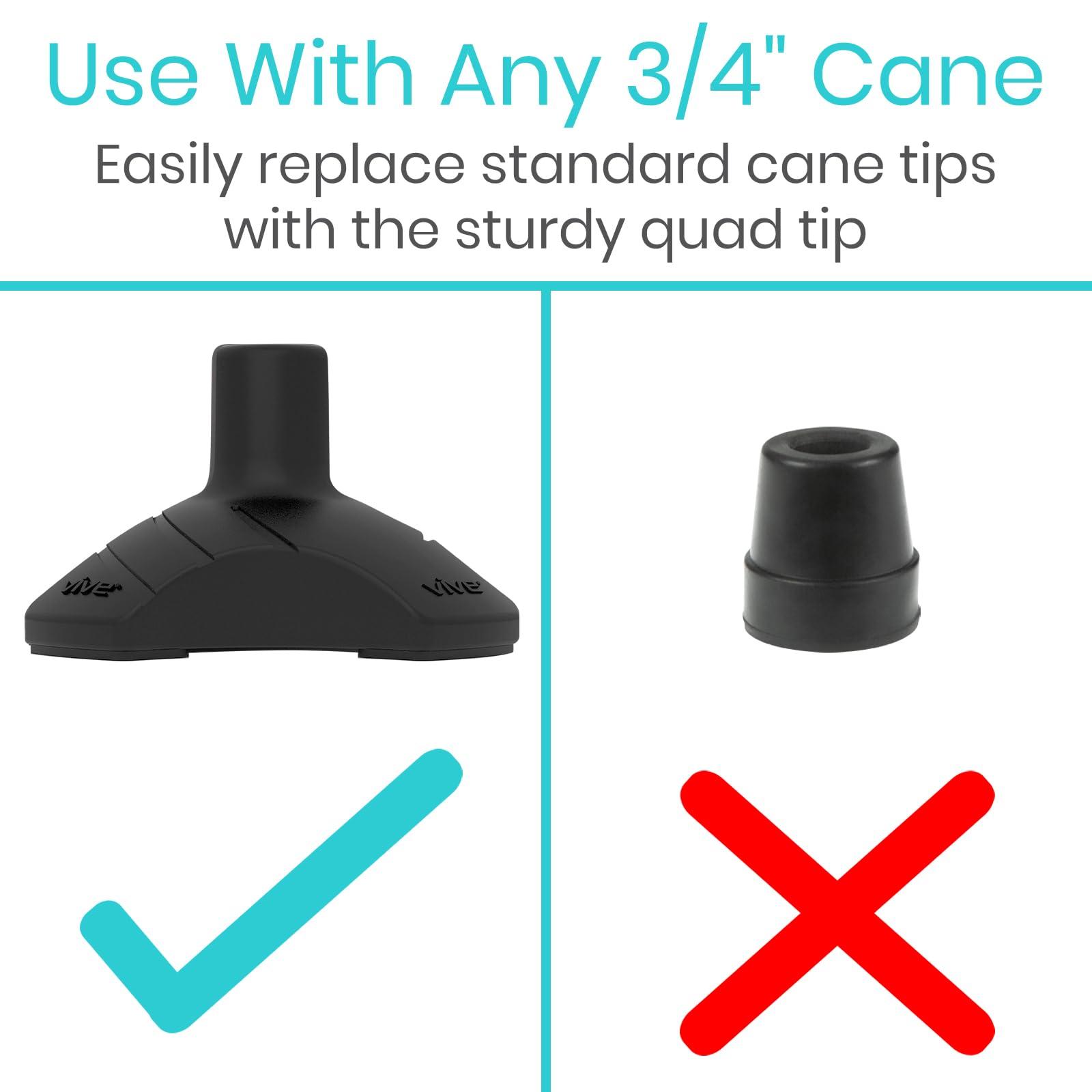 VIVE Vive Self Standing Cane Tip - 3/4 Inch Replacement - Heavy Duty Rubber Quad Base for Walking, Folding & Medical Canes - Stable Grip Traction Attachment - for Men, Women, Elderly & Seniors (Black)
