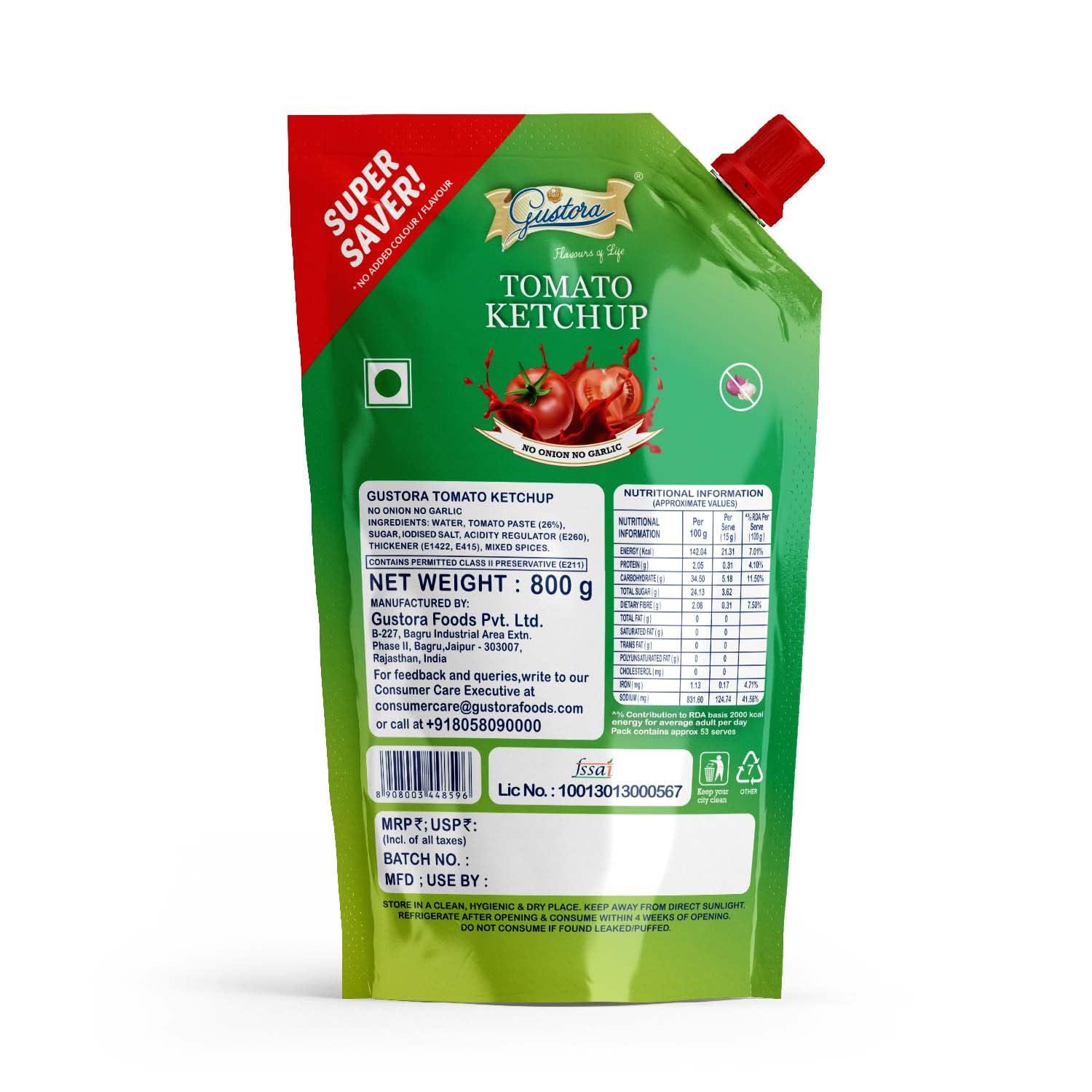 Gustora Gustora Real & Natural Tomato Ketchup I Super Saver Combo I Rich & Smooth I Vegetarian I No Onion No Garlic Jain Tomato Ketchup (950 gm) I No Preservatives & Artificial Color (1.95 Kg)