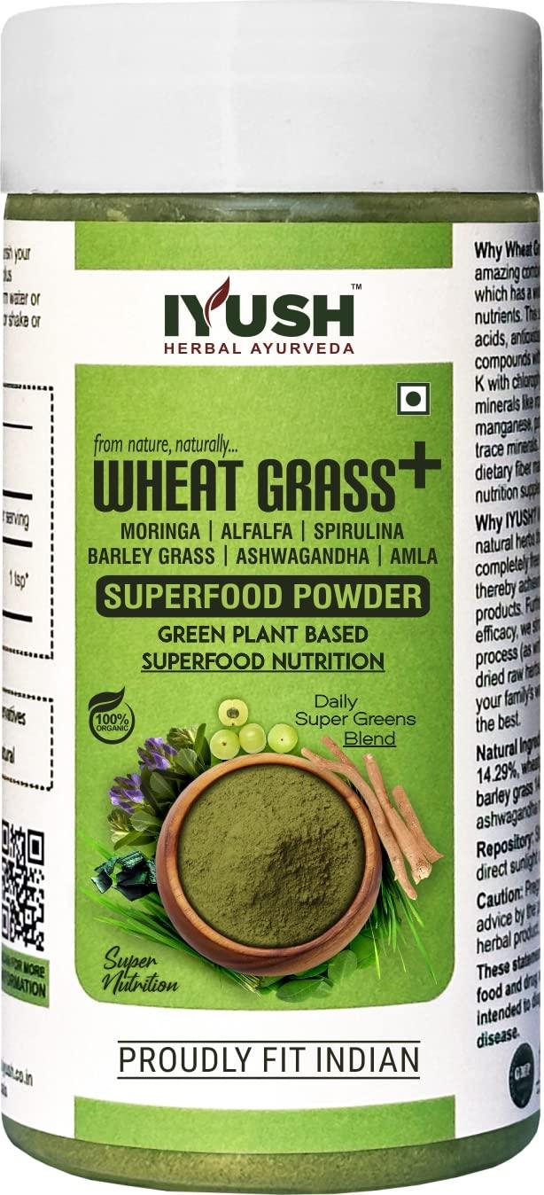 IYUSH IYUSH Herbal Ayurveda Organic Wheat Grass Plus Moringa + Spirulina + Alfalfa + Barley Grass + Ashwagandha And Amla Multivitamin Superfood Powder - 100Gram