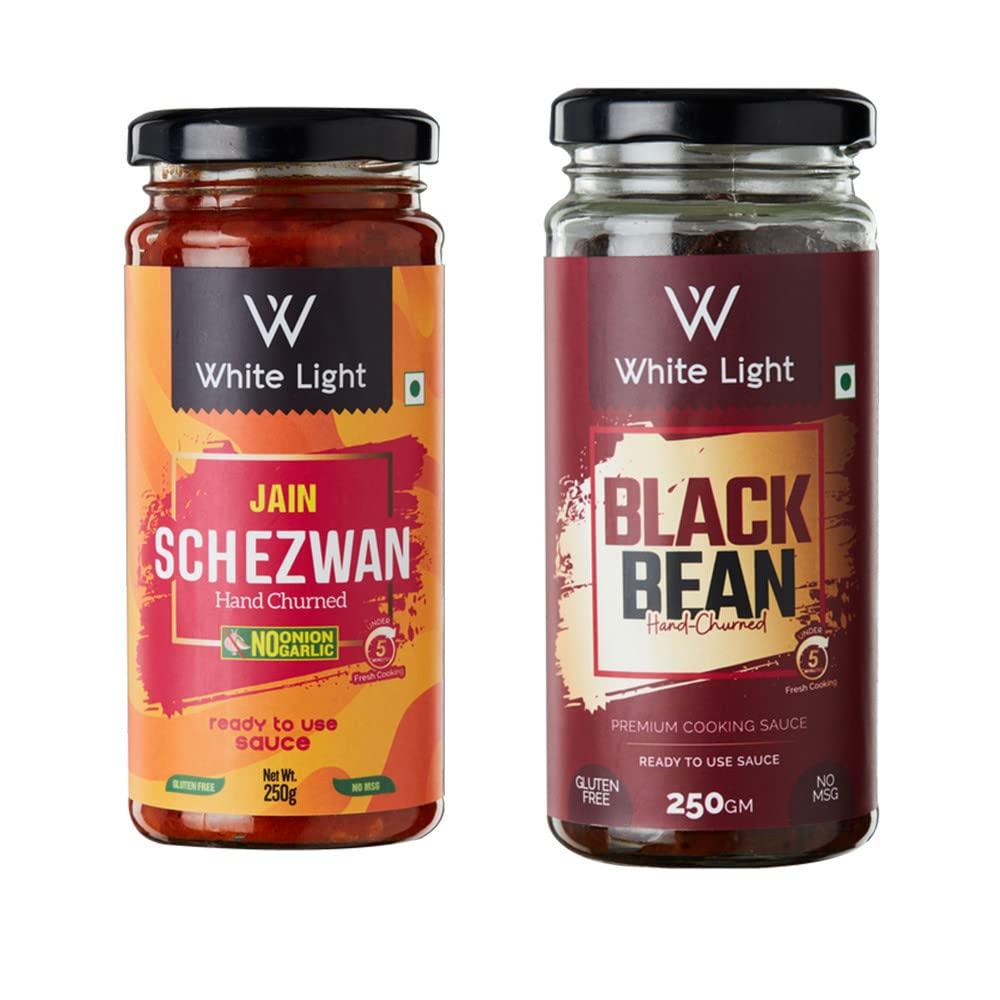 White Light Food White Light Food Jain Schezwan Sauce and Jain Black Bean Sauce l Vegan and Natural Ingredients l Ready to Eat Healthy Food (Combo Pack of 2, 250g Each)