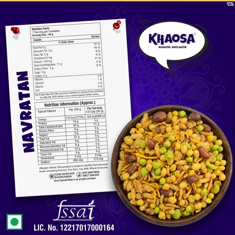 KHAOSA Khaosa Navratan Mixture | 400Gm | Crunchy Navratan Mixture Namkeen | Gourmet, Gluten-Free And Vegan Lentil Snack | Exotic Navratan Mixture | Nutritious and Authentic Bikaneri Navratan Mixture