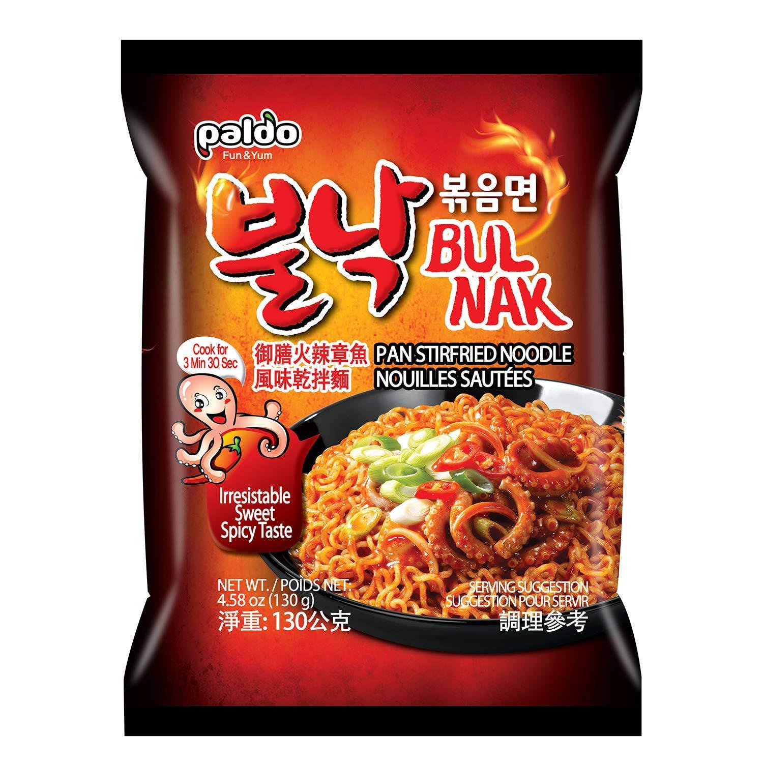 Paldo Paldo Bulnak Pan Stirfried Noodle Spicy (Octopus Flavour) 130g (Pack of 4)